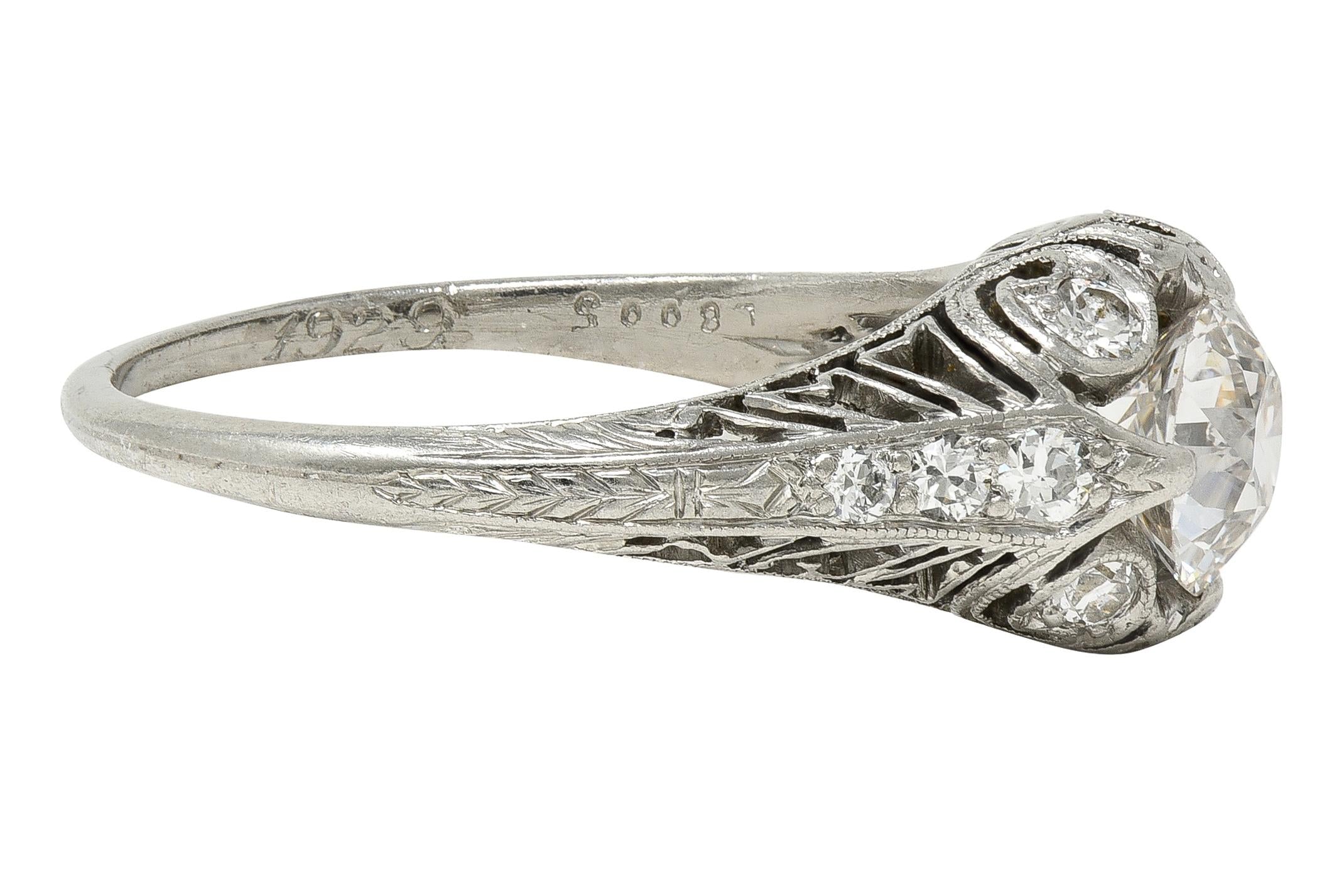 Art Deco 1929 1.00 CTW Diamond Platinum Antique Scroll Feather Engagement Ring