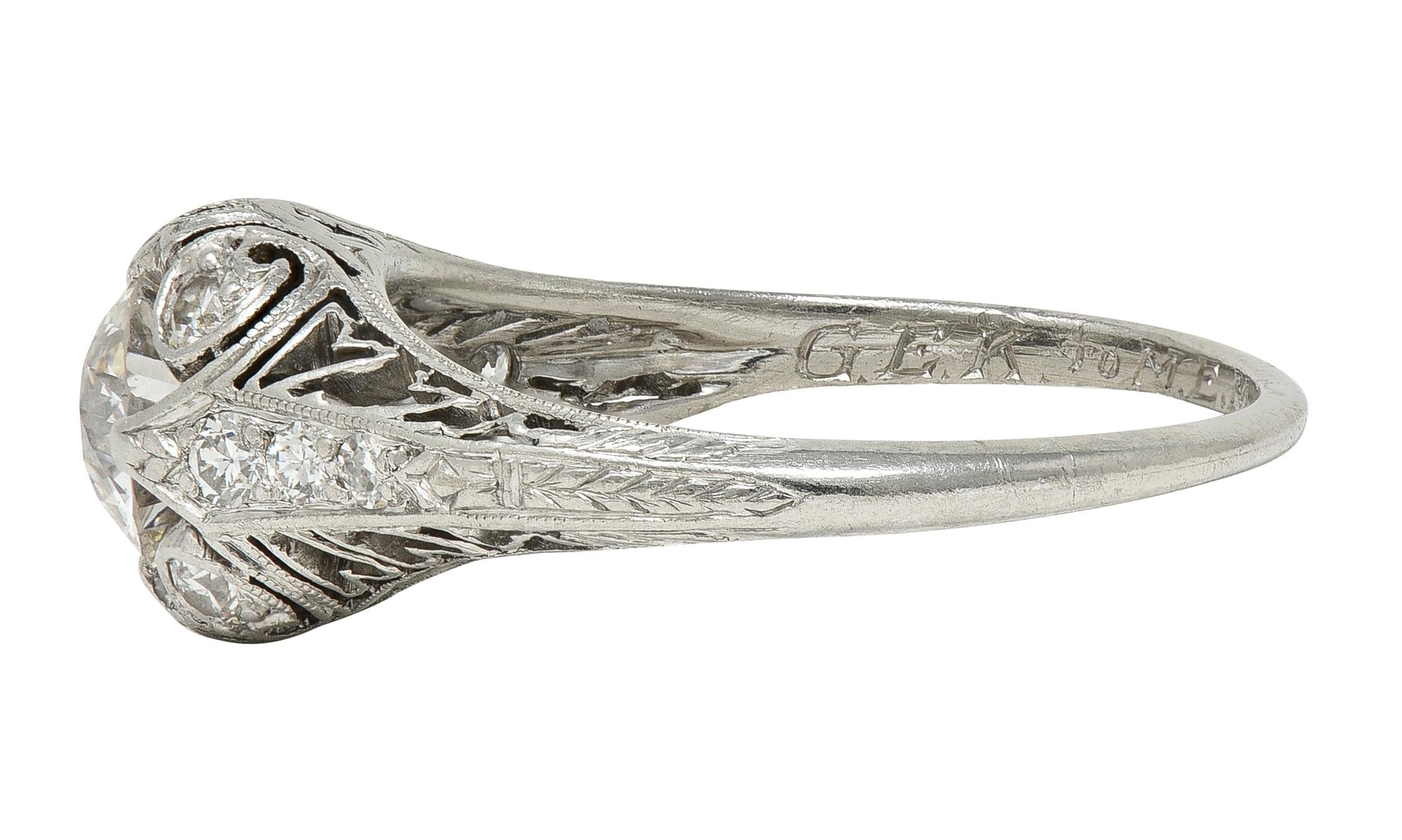 Art Deco 1929 1.00 CTW Diamond Platinum Antique Scroll Feather Engagement Ring