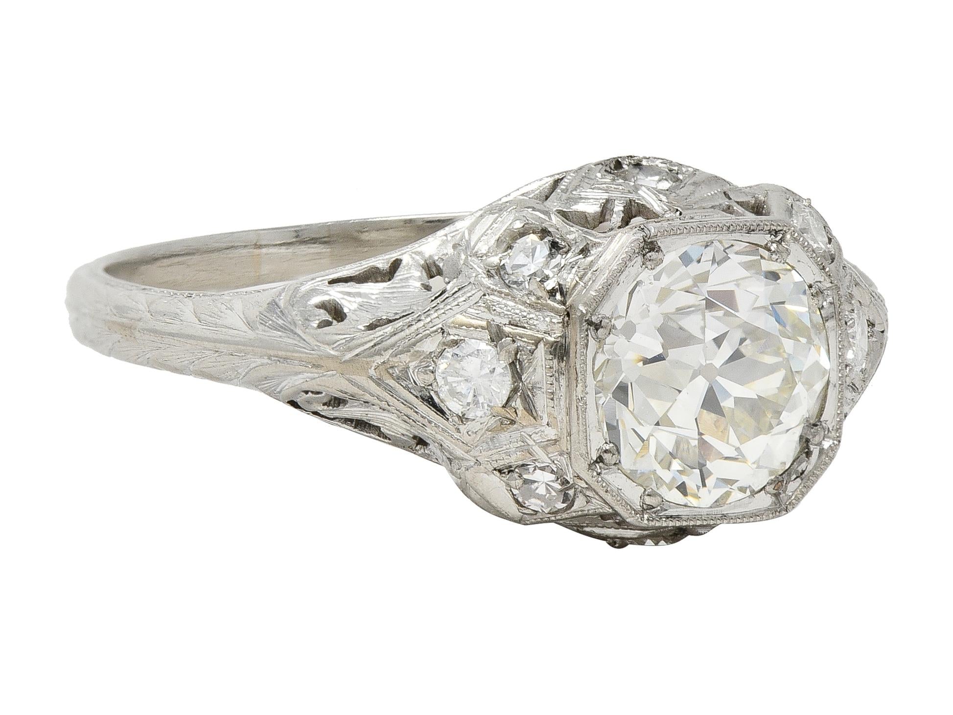 Edwardian 1.64 CTW Old European Diamond Platinum Foliate Antique Engagement Ring