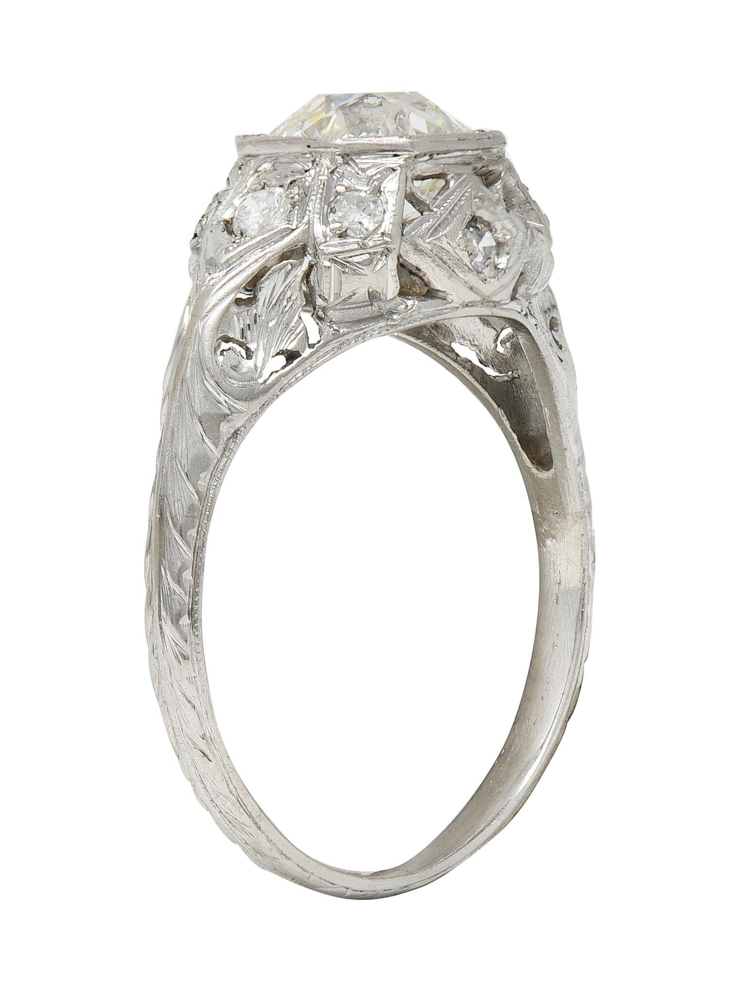 Edwardian 1.64 CTW Old European Diamond Platinum Foliate Antique Engagement Ring