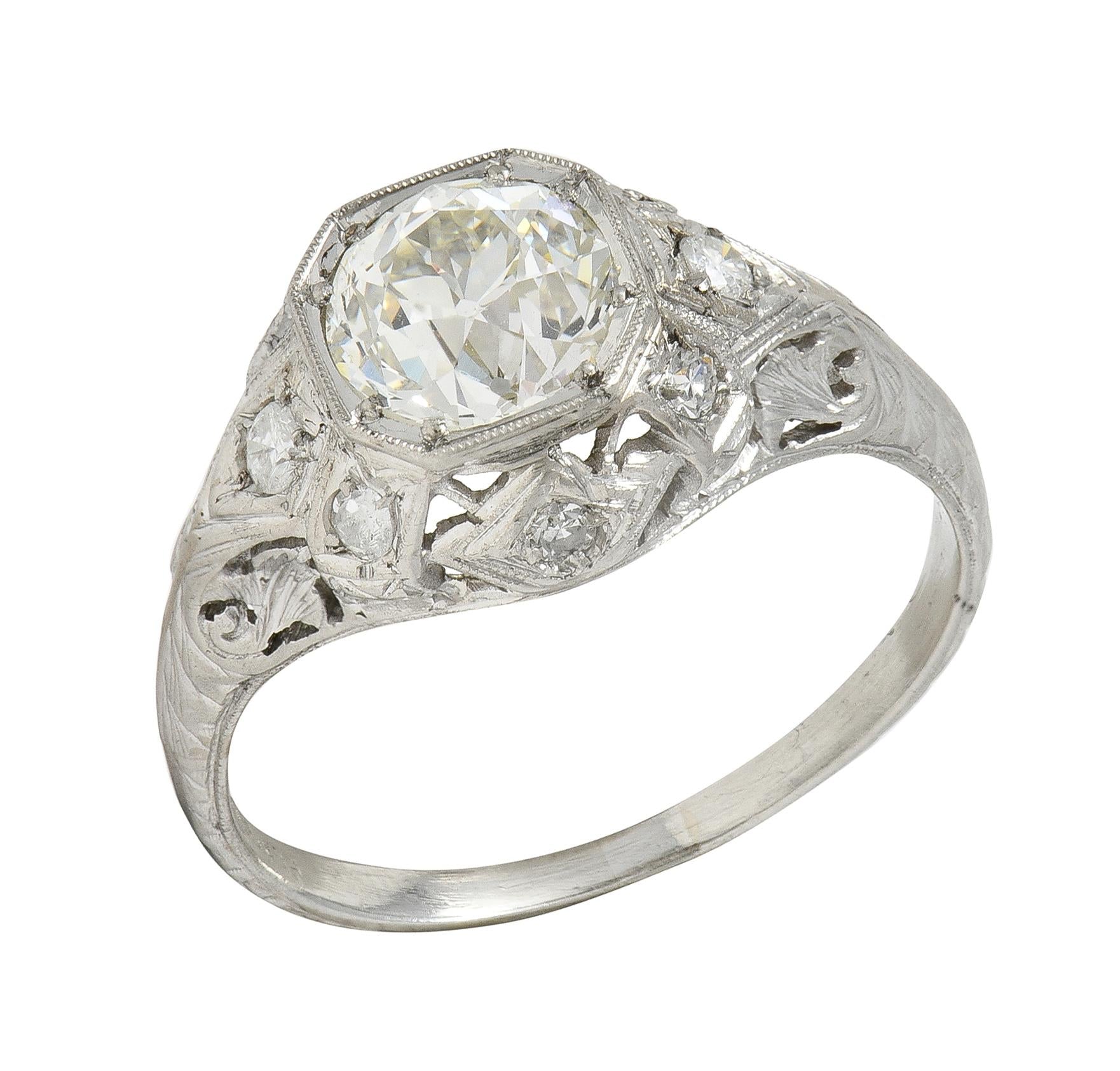 Edwardian 1.64 CTW Old European Diamond Platinum Foliate Antique Engagement Ring