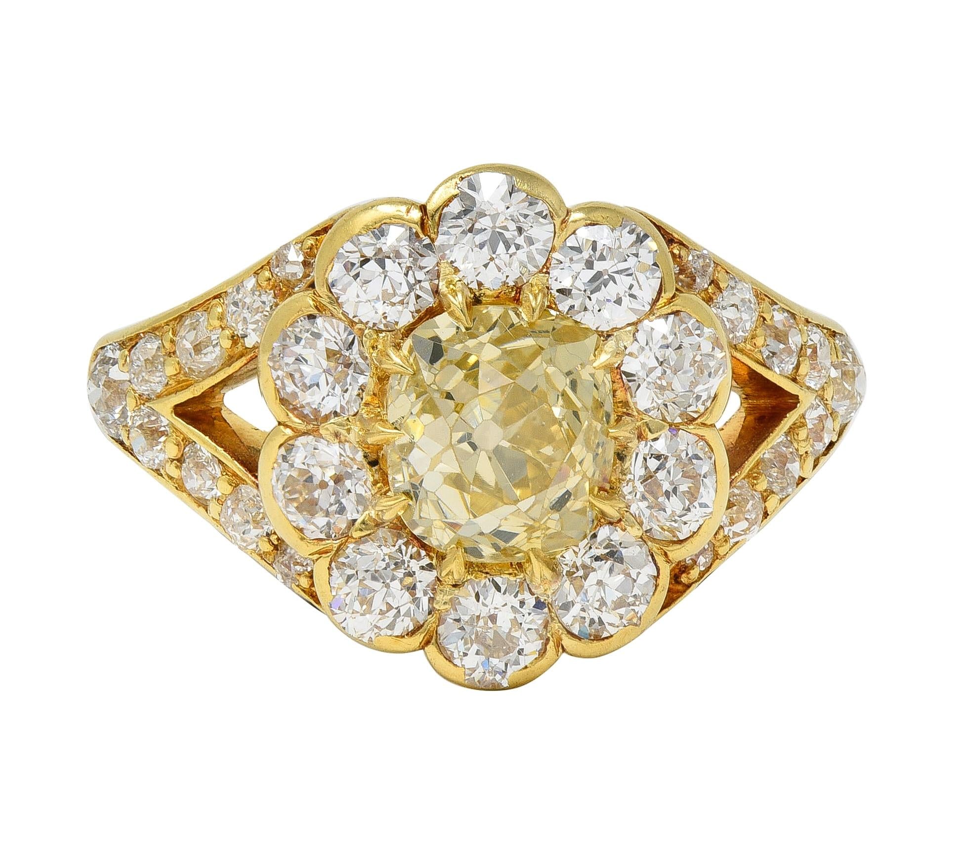 Victorian 3.06 Fancy Yellow Diamond 18K Gold Antique Halo Engagement Ring
