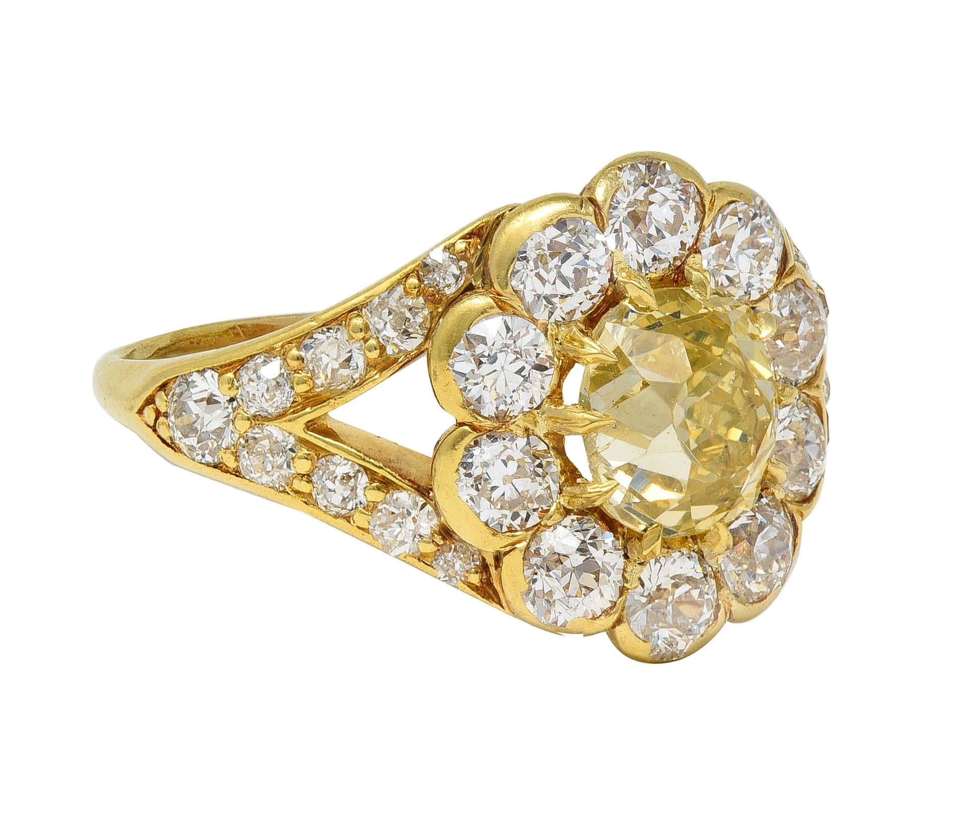 Victorian 3.06 Fancy Yellow Diamond 18K Gold Antique Halo Engagement Ring