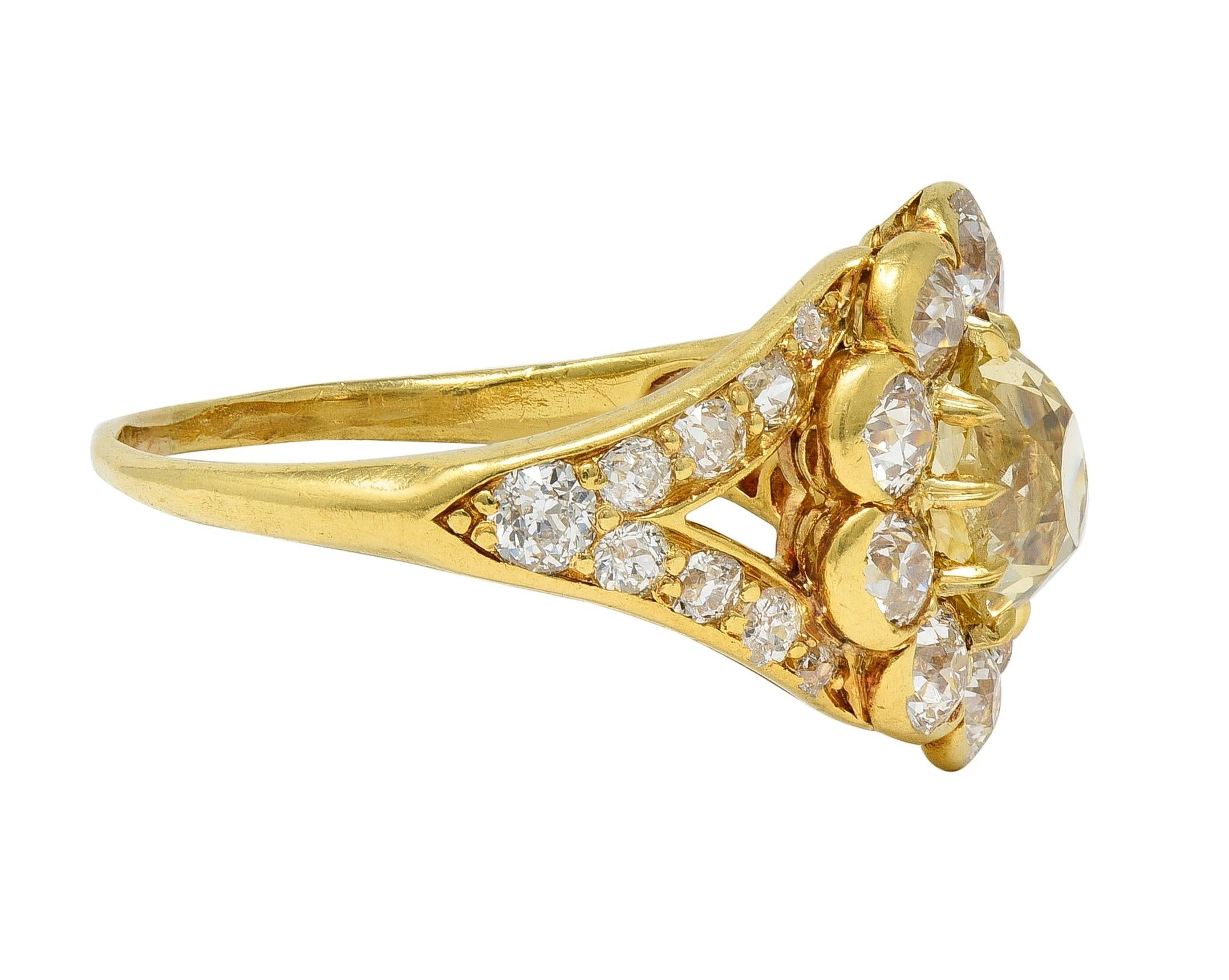 Victorian 3.06 Fancy Yellow Diamond 18K Gold Antique Halo Engagement Ring