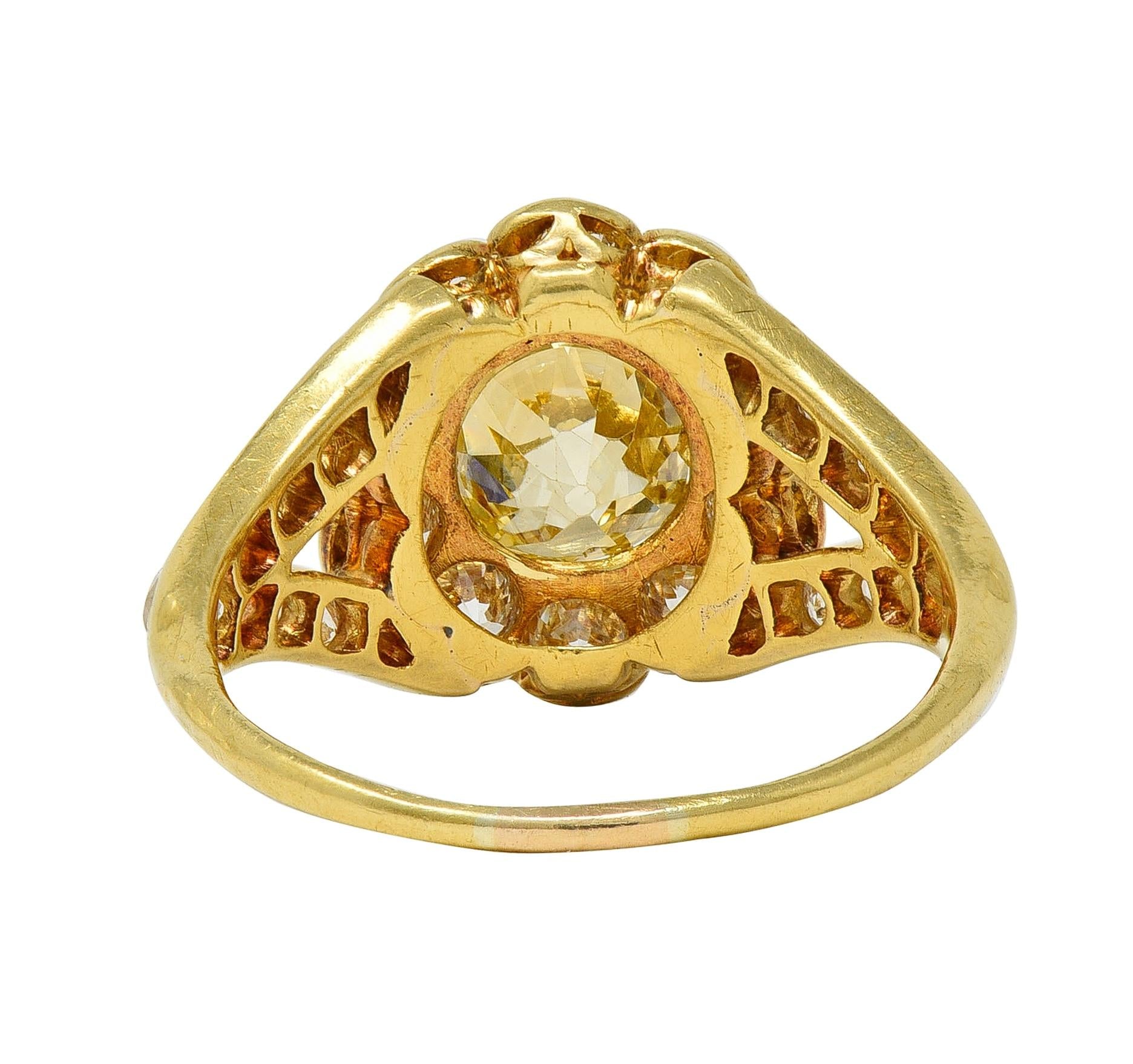 Victorian 3.06 Fancy Yellow Diamond 18K Gold Antique Halo Engagement Ring