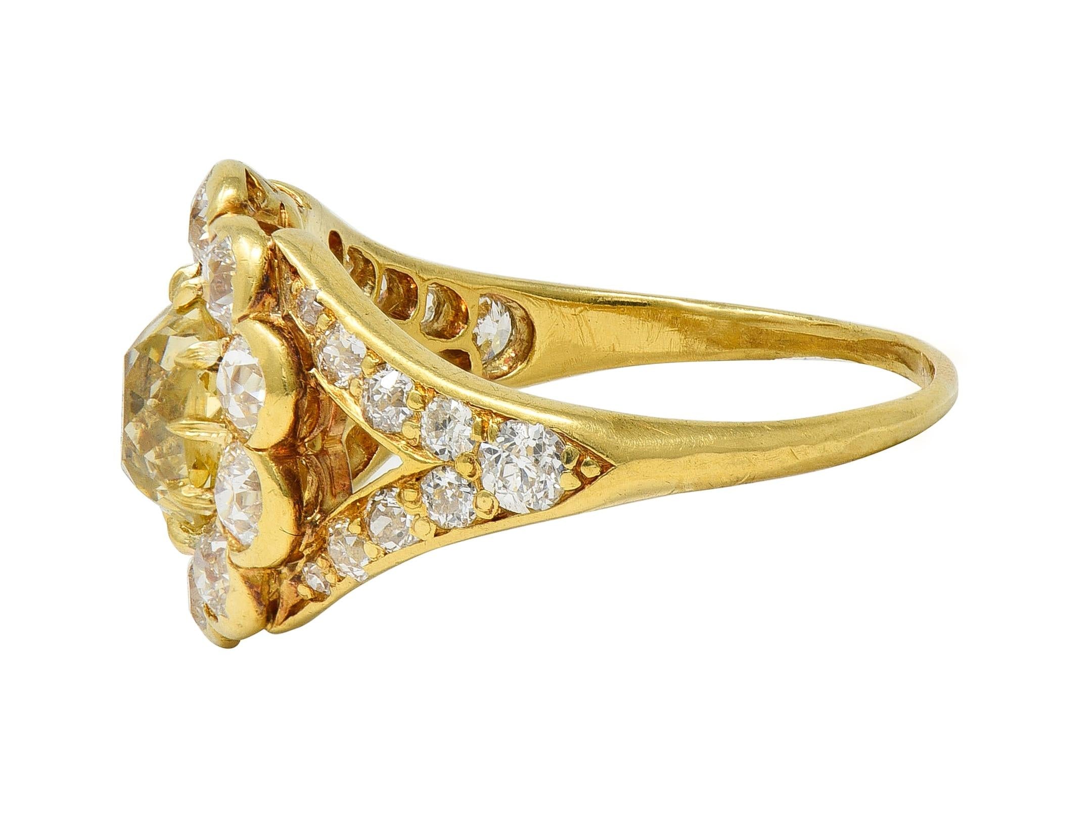 Victorian 3.06 Fancy Yellow Diamond 18K Gold Antique Halo Engagement Ring