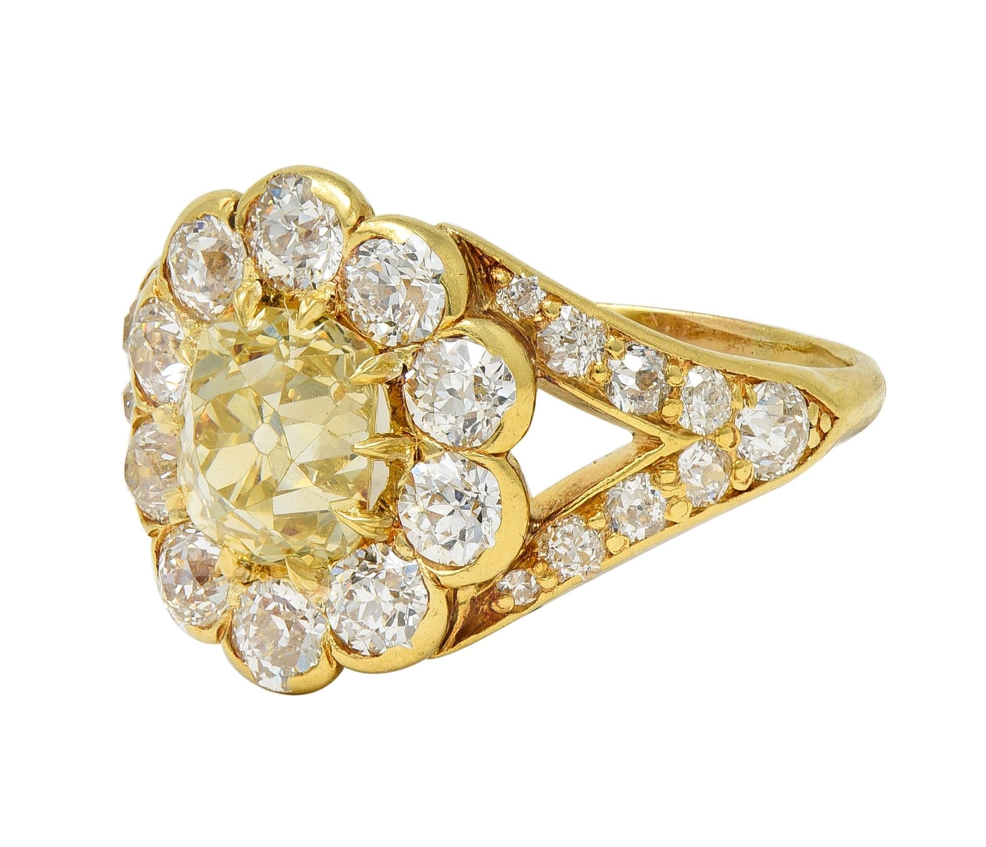 Victorian 3.06 Fancy Yellow Diamond 18K Gold Antique Halo Engagement Ring