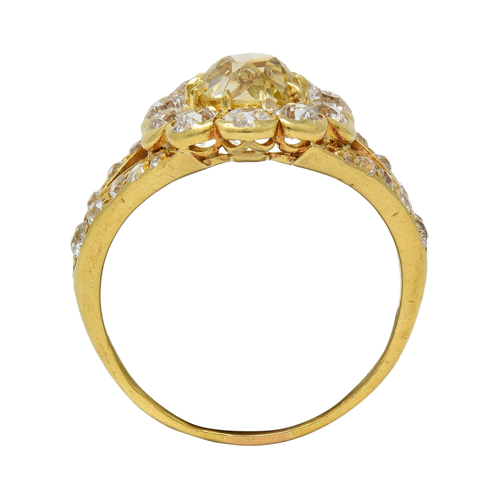Victorian 3.06 Fancy Yellow Diamond 18K Gold Antique Halo Engagement Ring