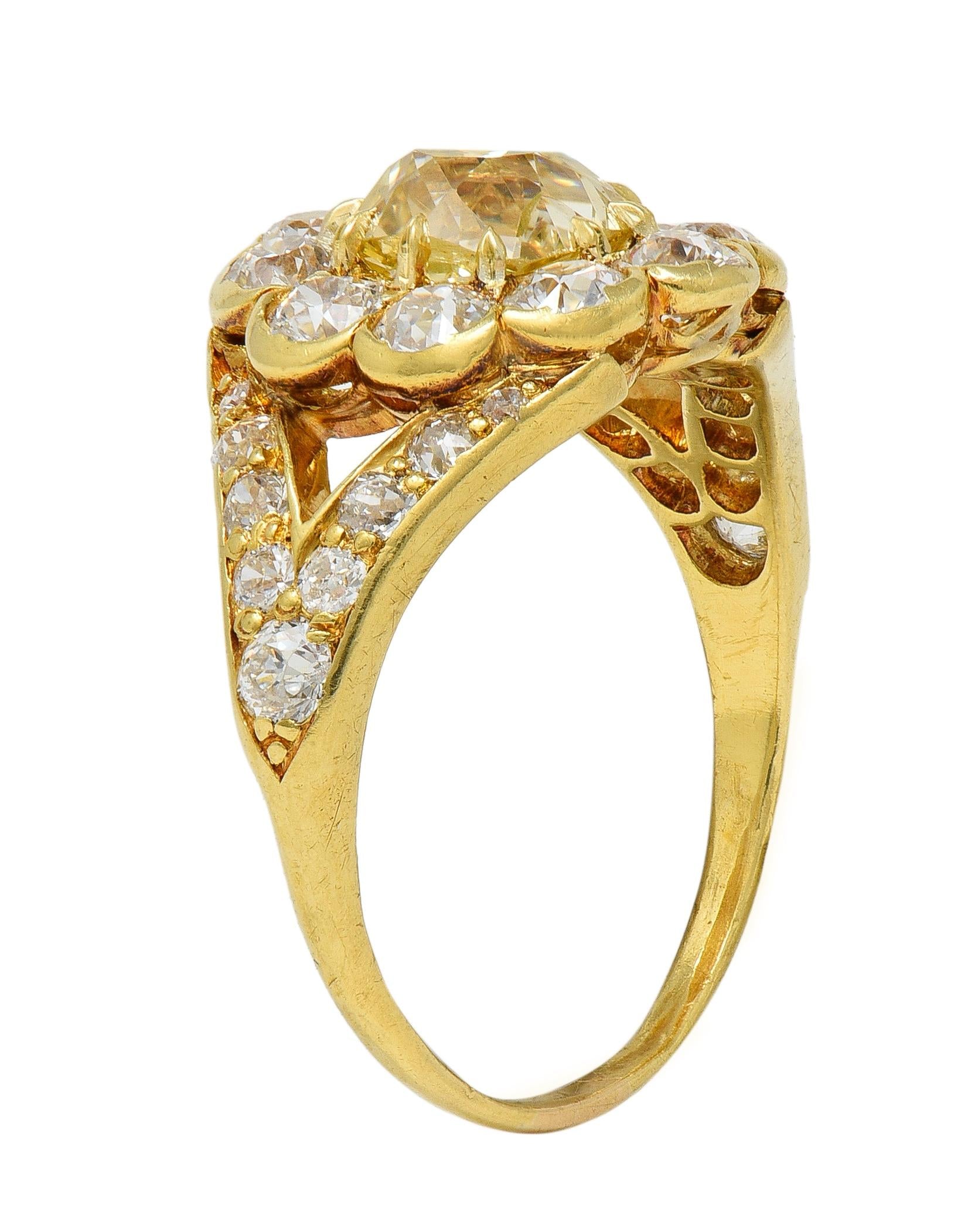 Victorian 3.06 Fancy Yellow Diamond 18K Gold Antique Halo Engagement Ring