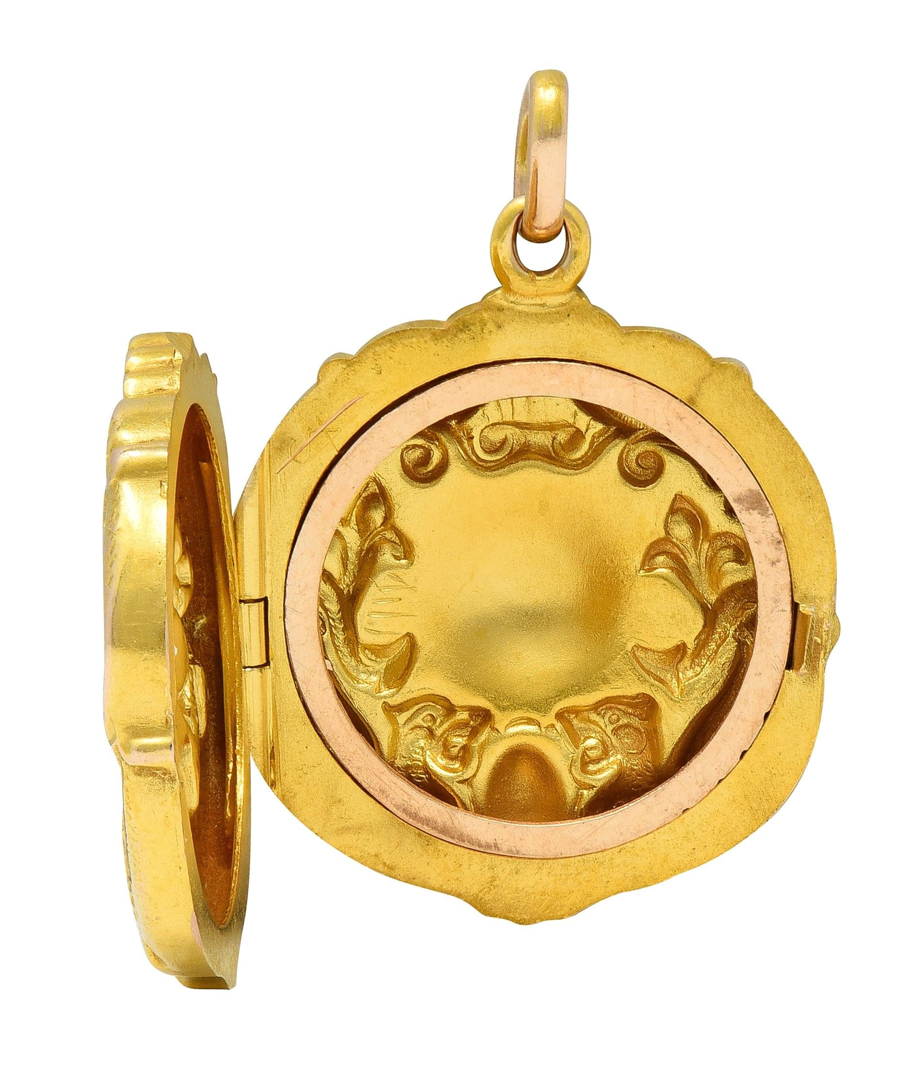 Art Nouveau Diamond 14K Two-Tone Gold Antique Serpent Griffon Locket Pendant