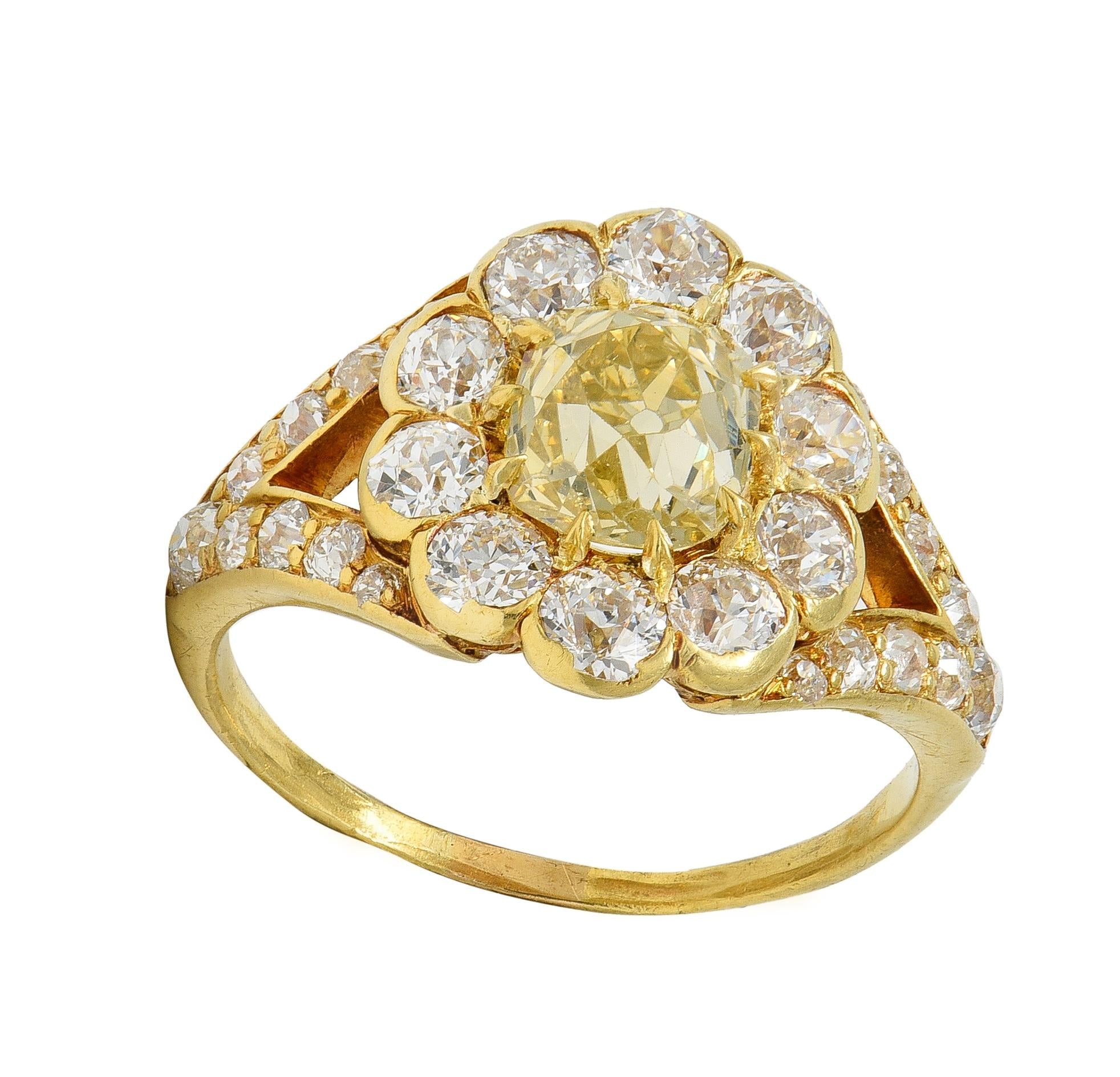 Victorian 3.06 Fancy Yellow Diamond 18K Gold Antique Halo Engagement Ring