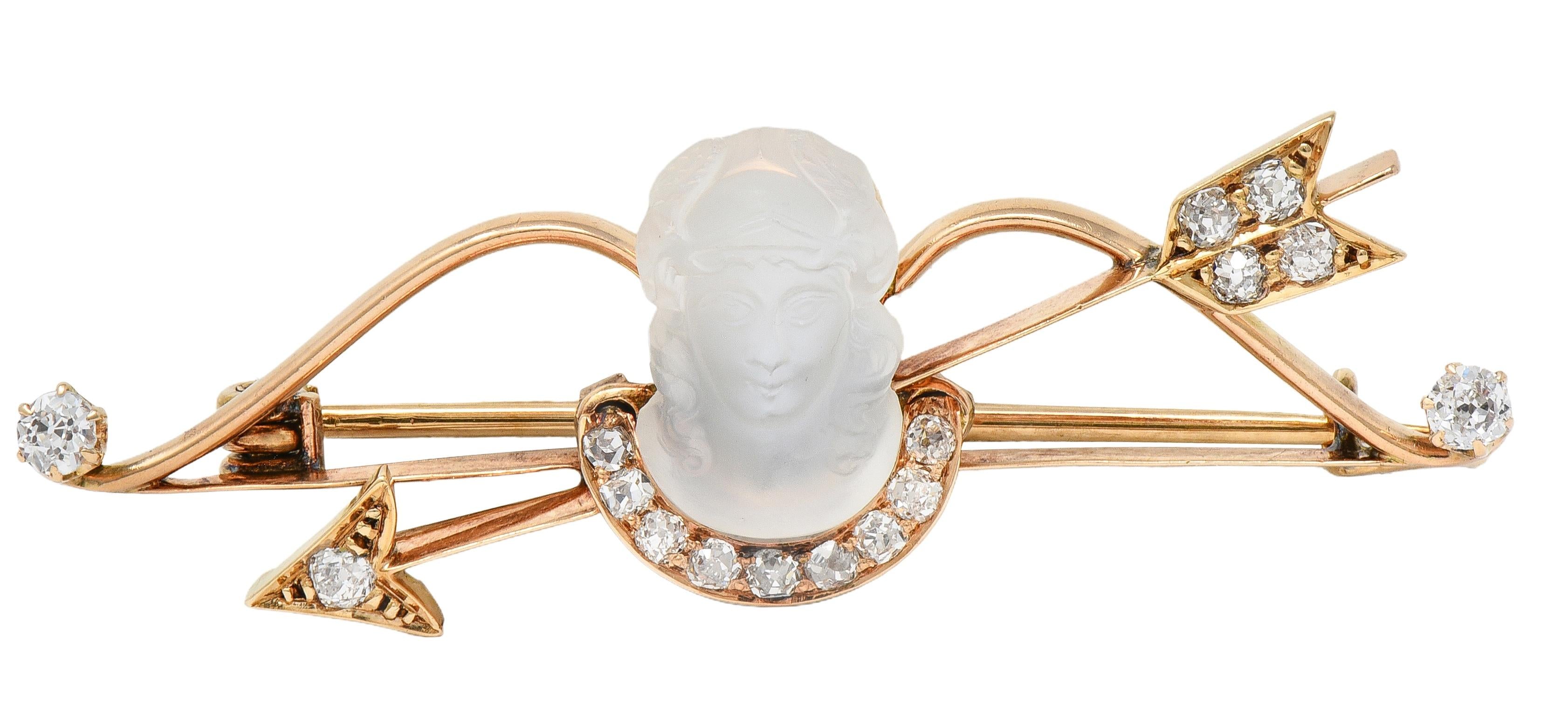 Victorian Diamond Carved Moonstone 14K Gold Antique Artemis Goddess Brooch