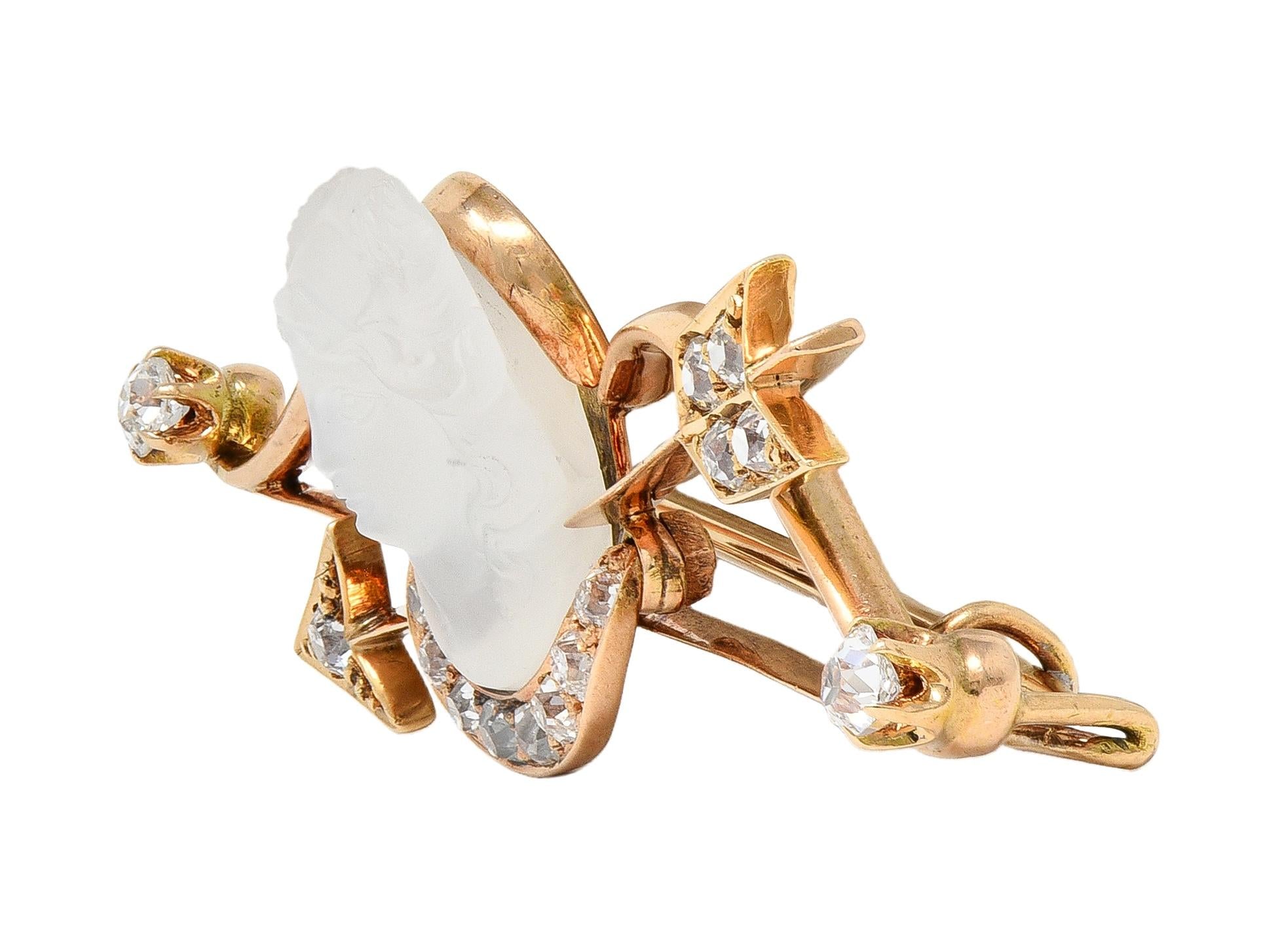 Victorian Diamond Carved Moonstone 14K Gold Antique Artemis Goddess Brooch