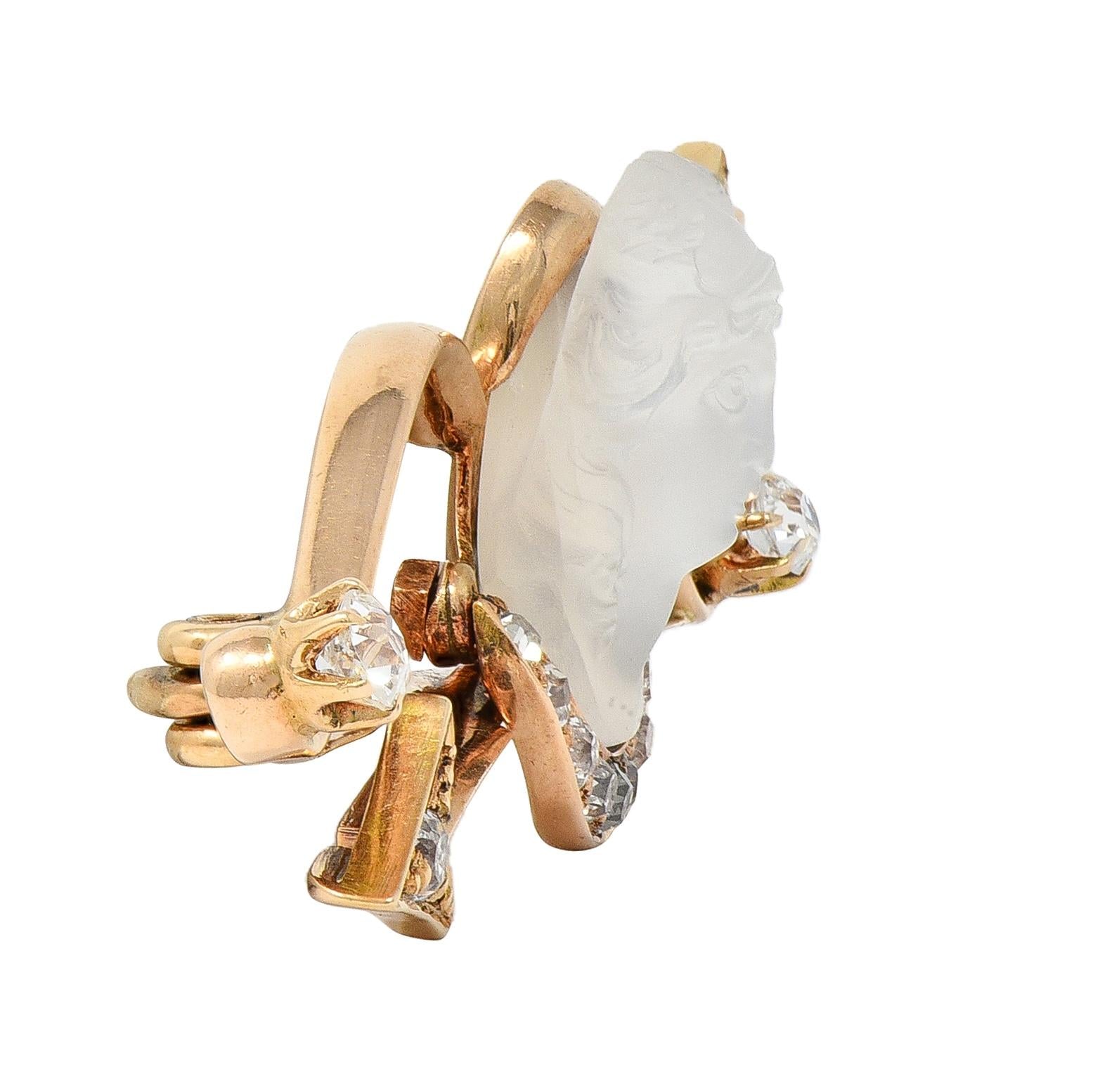 Victorian Diamond Carved Moonstone 14K Gold Antique Artemis Goddess Brooch