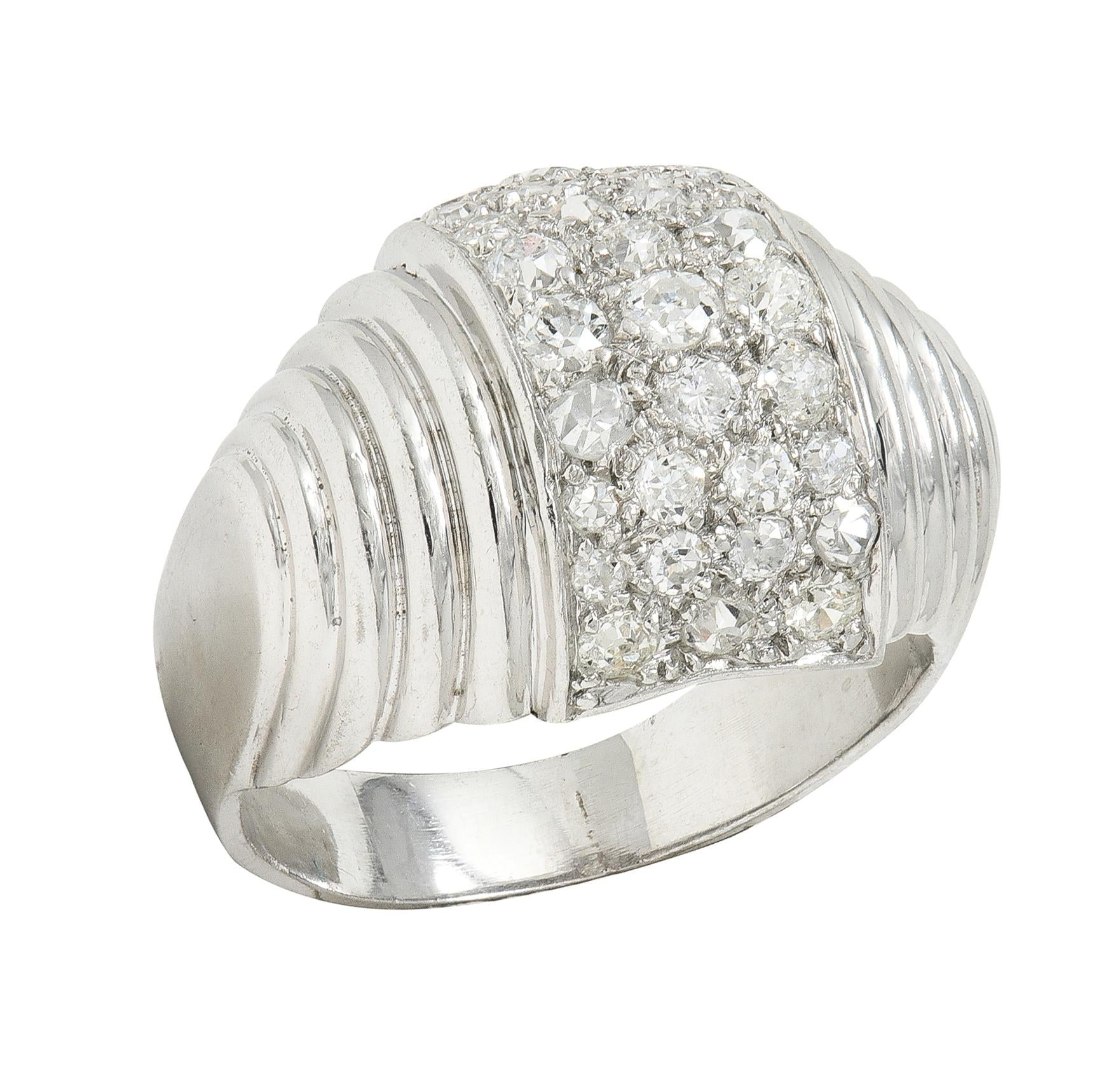 Art Deco 1.36 CTW Old European Cut Diamond Platinum Vintage Stepped Dome Ring