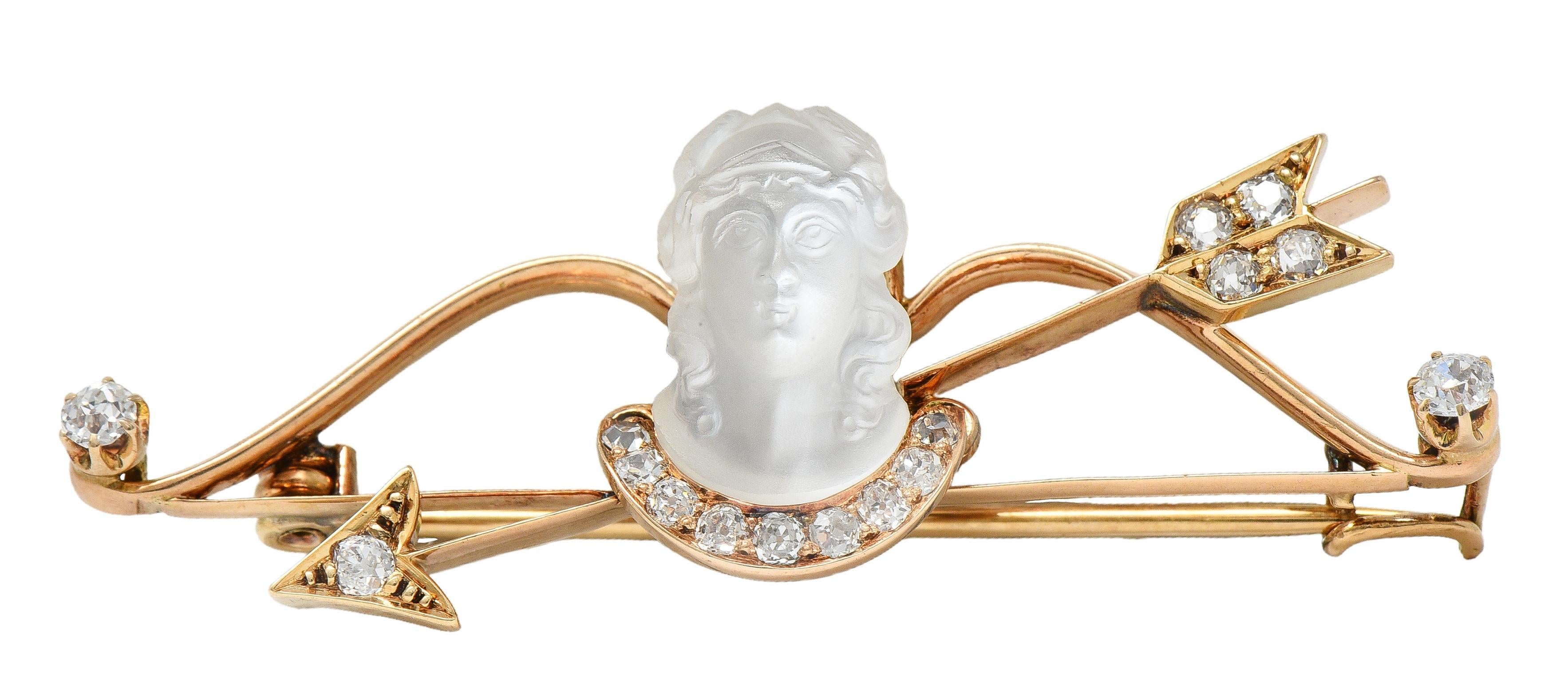 Victorian Diamond Carved Moonstone 14K Gold Antique Artemis Goddess Brooch