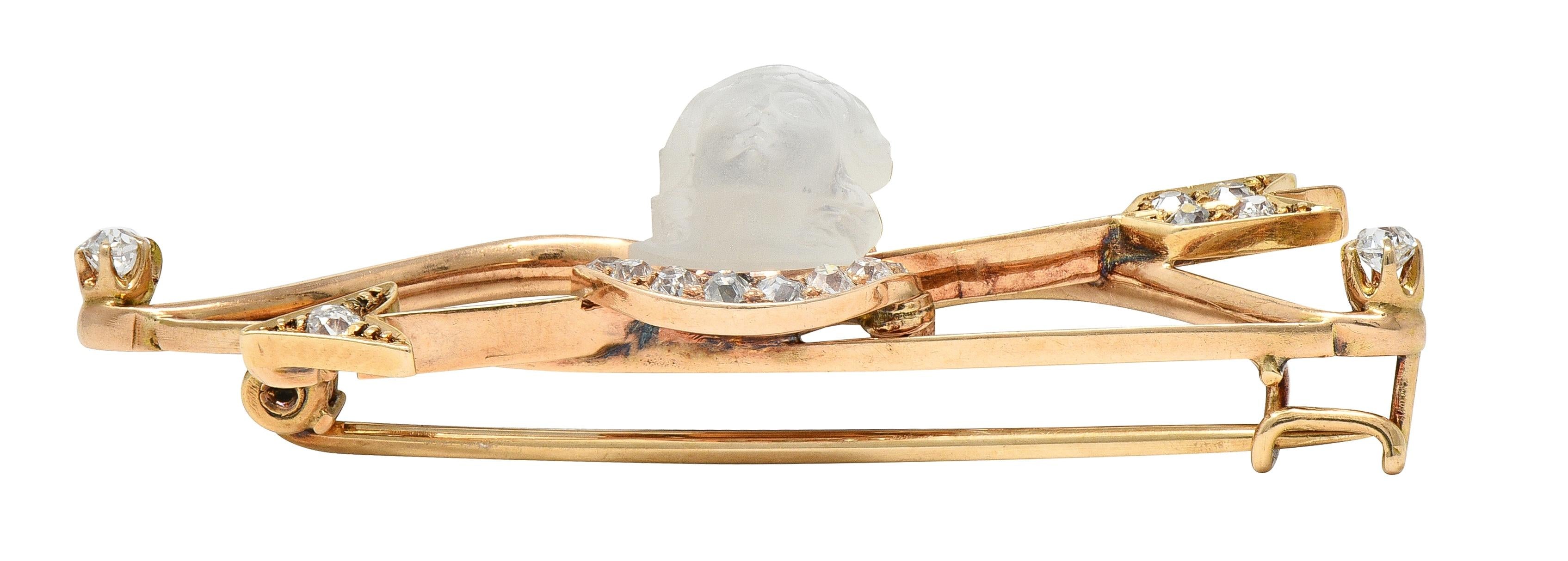 Victorian Diamond Carved Moonstone 14K Gold Antique Artemis Goddess Brooch