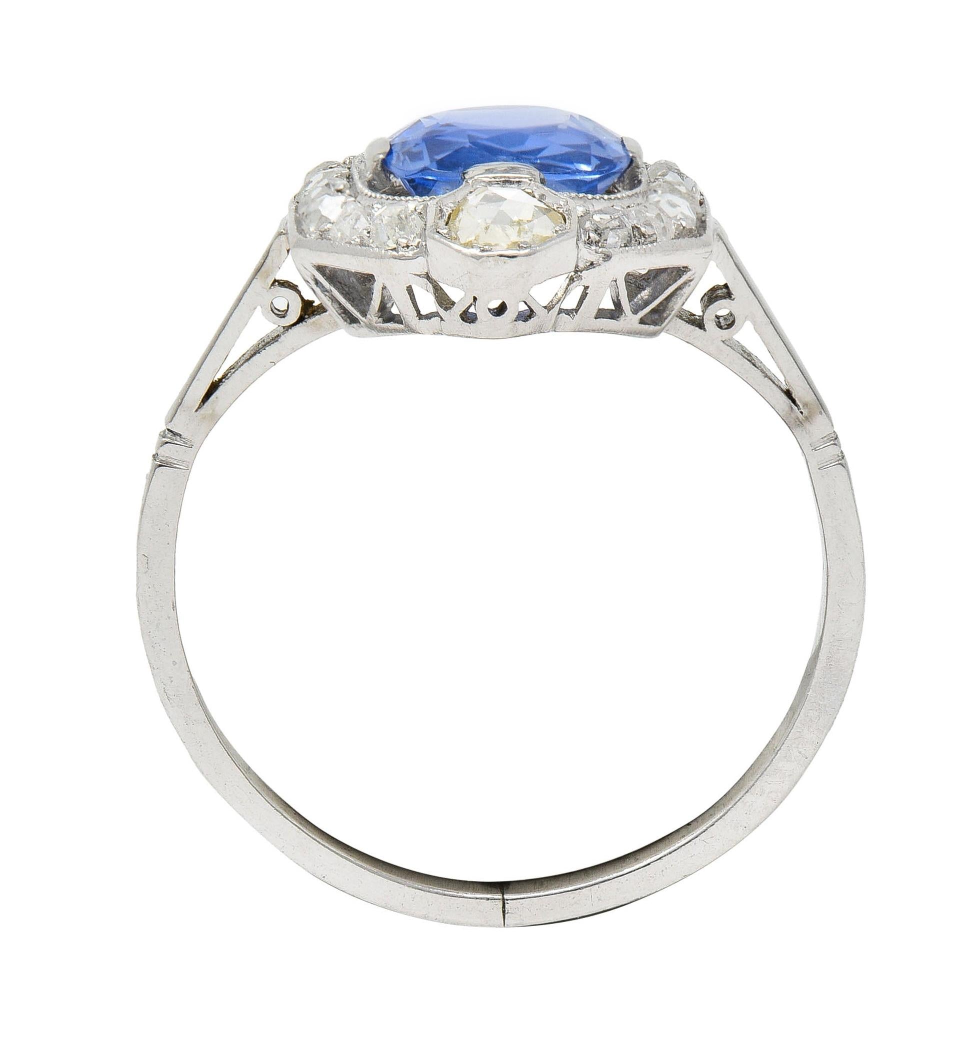 Art Deco No Heat Ceylon Sapphire Diamond Platinum Vintage Halo Ring GIA