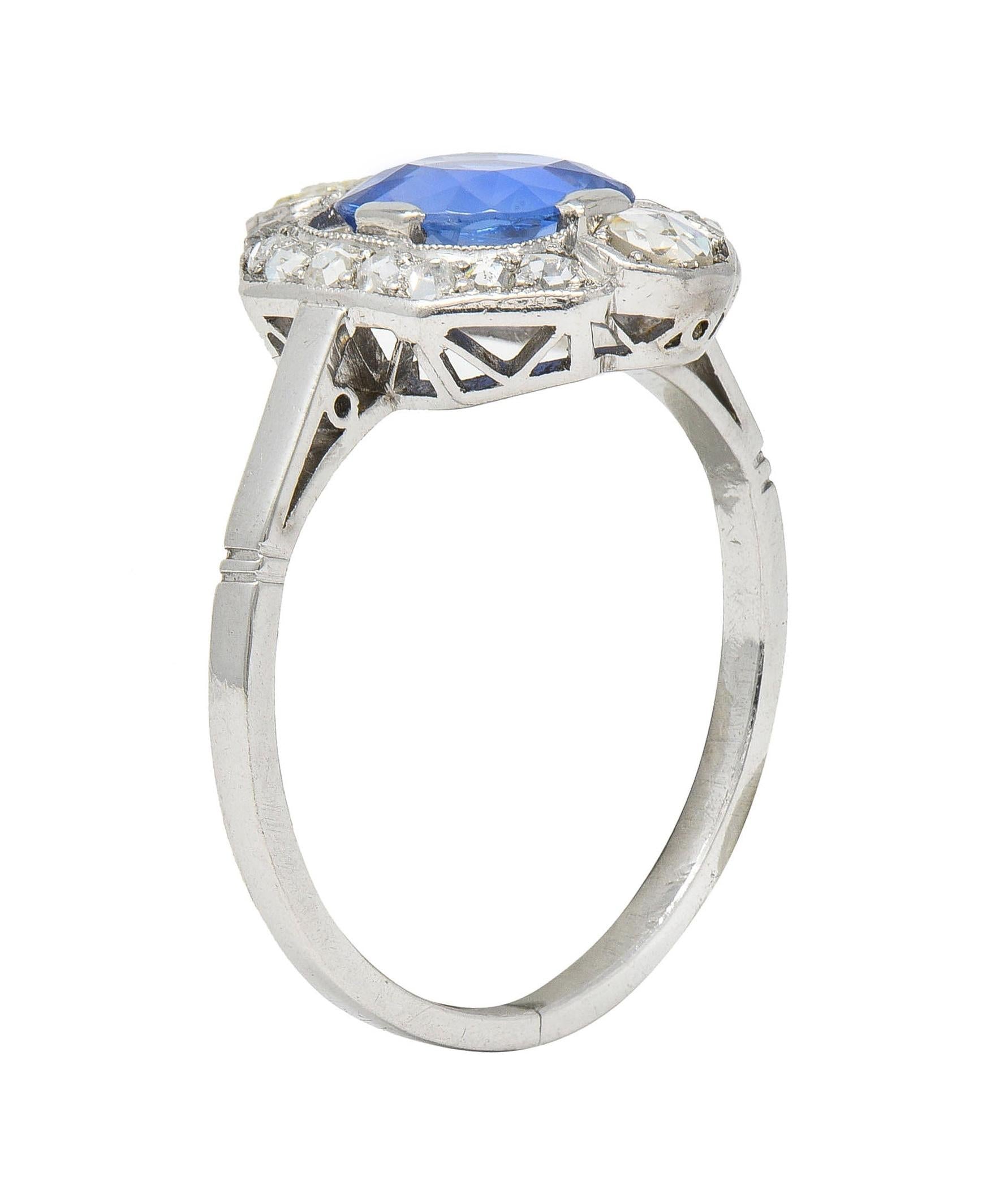 Art Deco No Heat Ceylon Sapphire Diamond Platinum Vintage Halo Ring GIA