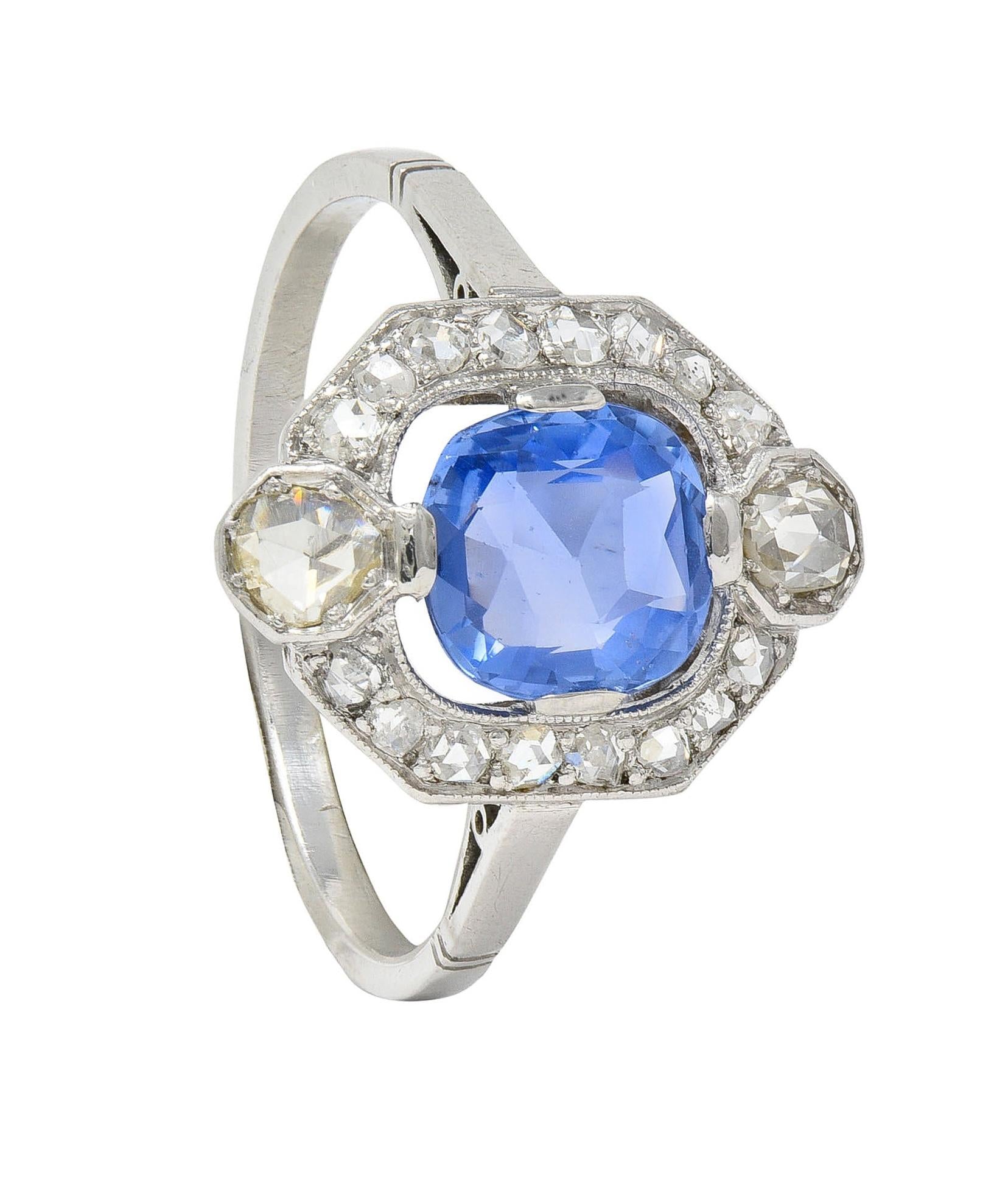 Art Deco No Heat Ceylon Sapphire Diamond Platinum Vintage Halo Ring GIA