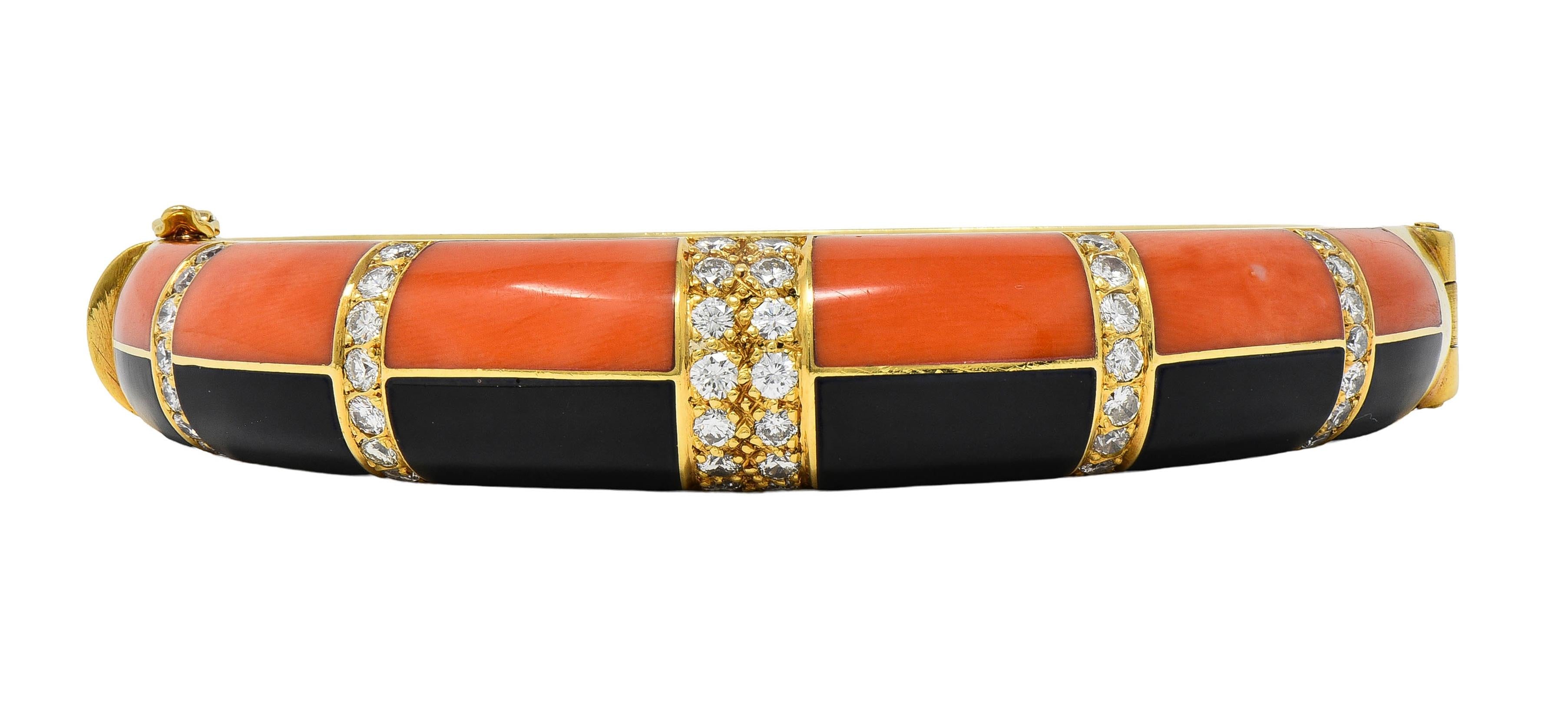1960's Diamond Coral Onyx 18 Karat Yellow Gold Inlaid Vintage Bangle Bracelet