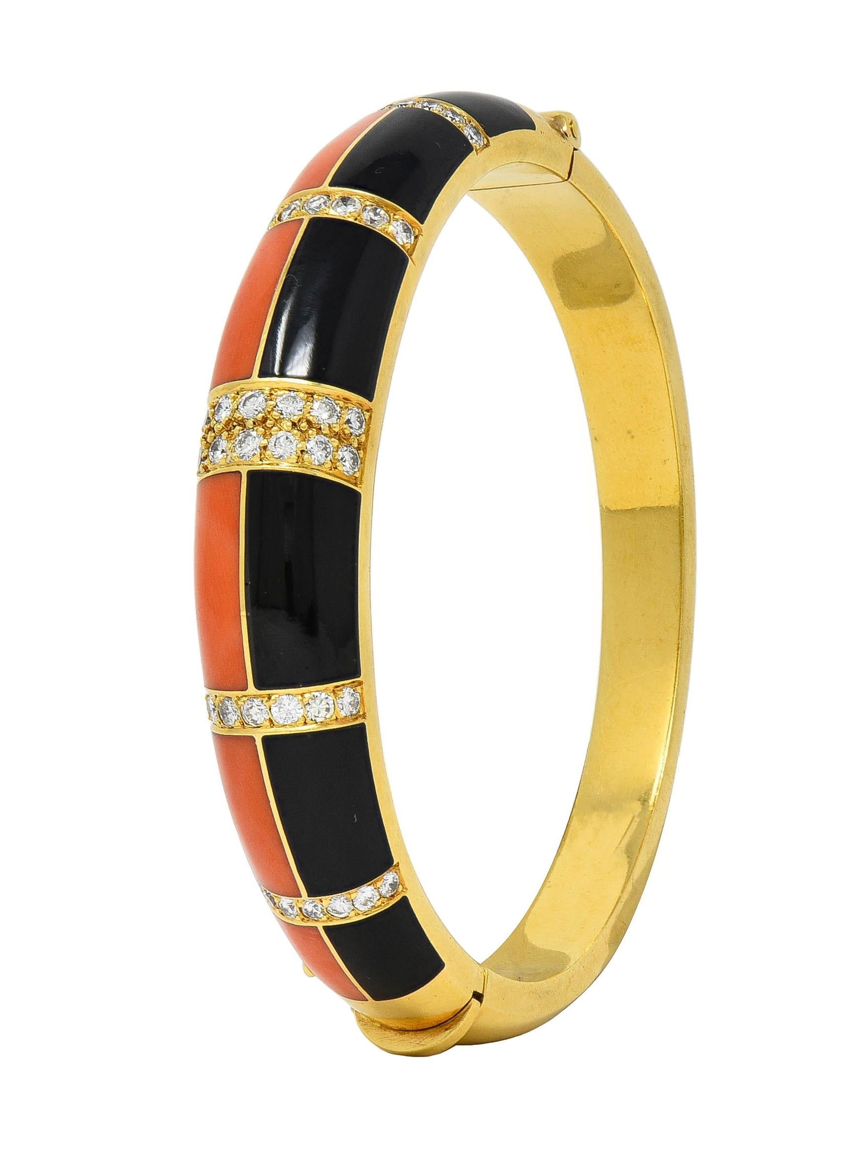 1960's Diamond Coral Onyx 18 Karat Yellow Gold Inlaid Vintage Bangle Bracelet