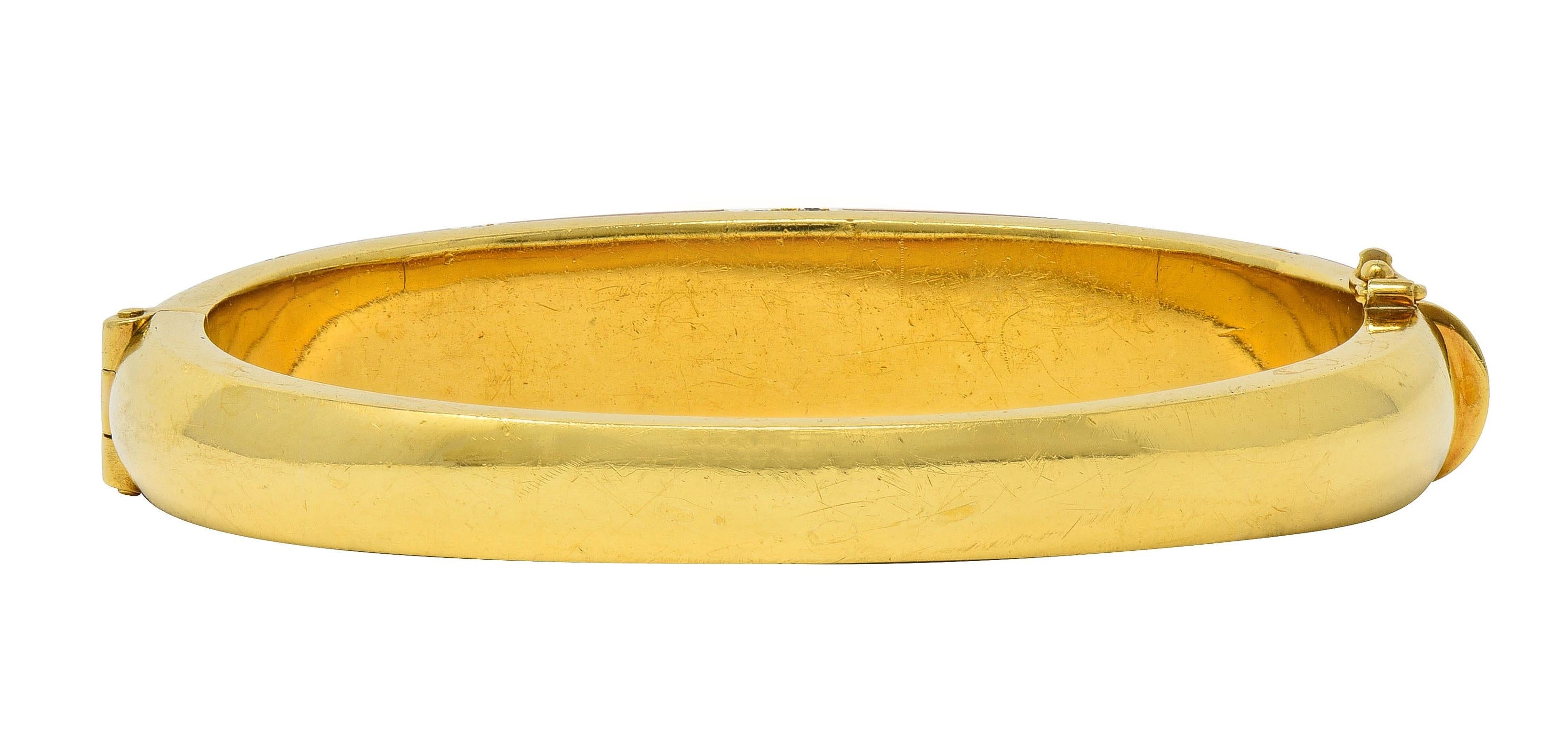 1960's Diamond Coral Onyx 18 Karat Yellow Gold Inlaid Vintage Bangle Bracelet