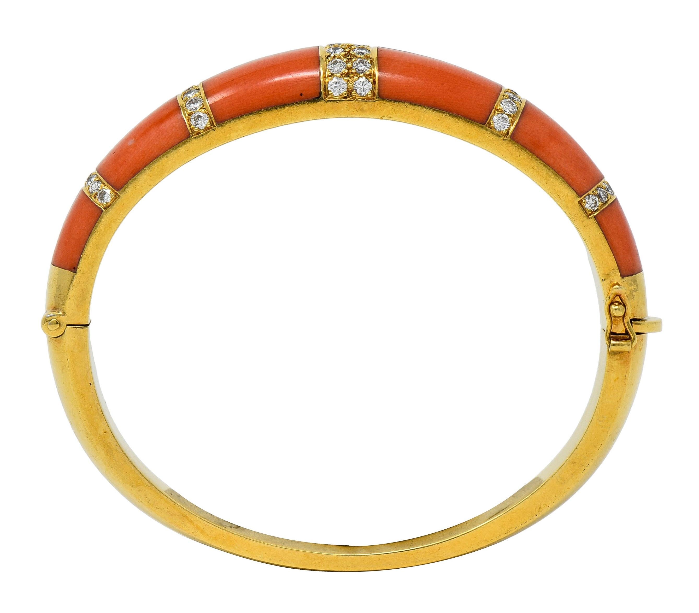 1960's Diamond Coral Onyx 18 Karat Yellow Gold Inlaid Vintage Bangle Bracelet