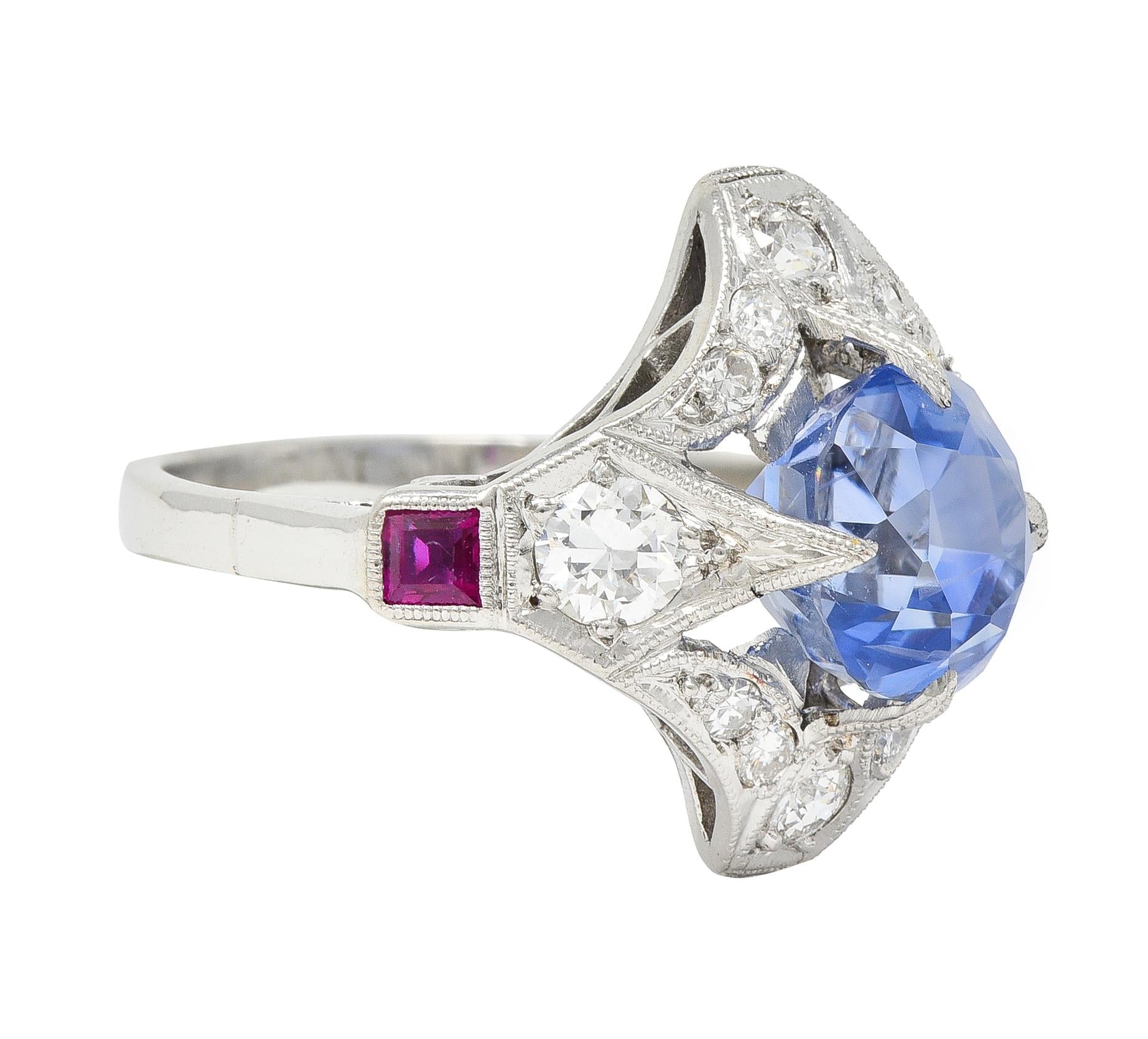 Art Deco 7.92 CTW No Heat Ceylon Sapphire Diamond Ruby Platinum Vintage Ring GIA