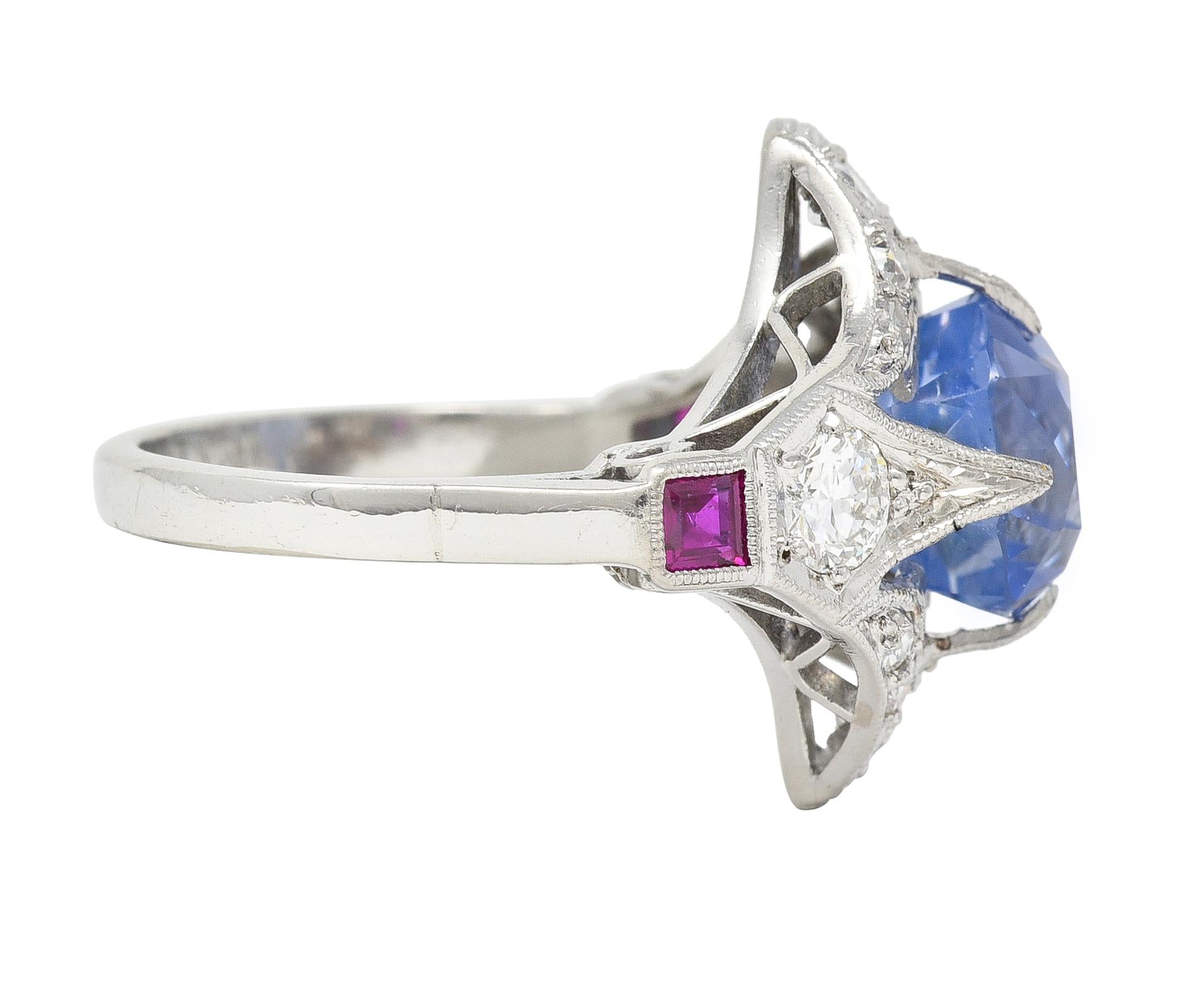Art Deco 7.92 CTW No Heat Ceylon Sapphire Diamond Ruby Platinum Vintage Ring GIA