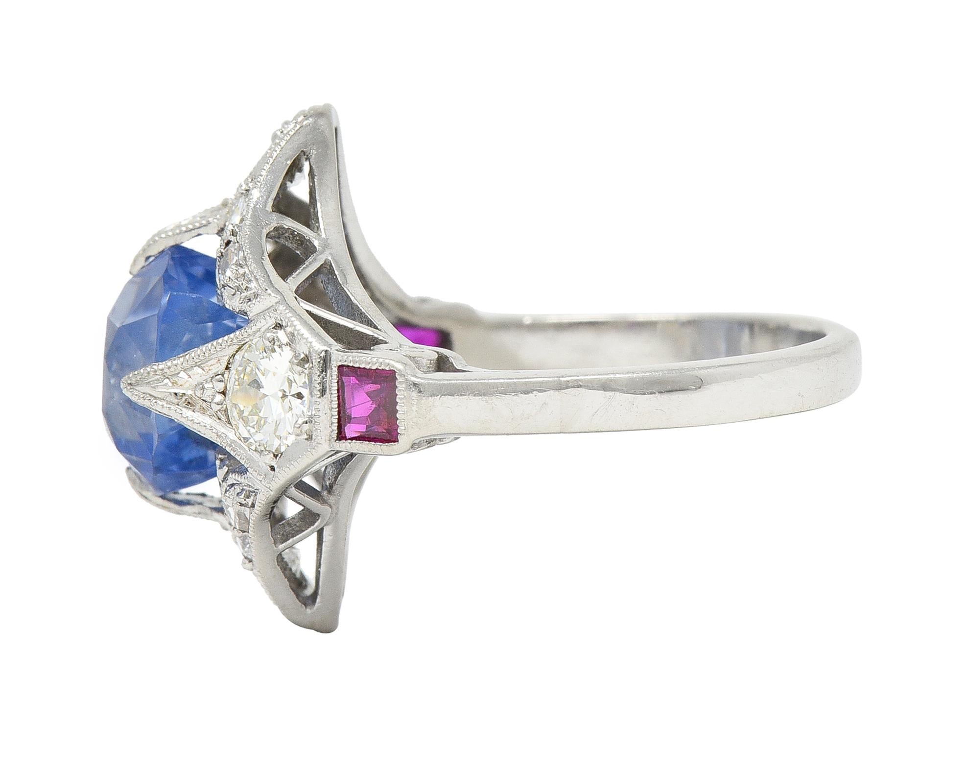 Art Deco 7.92 CTW No Heat Ceylon Sapphire Diamond Ruby Platinum Vintage Ring GIA