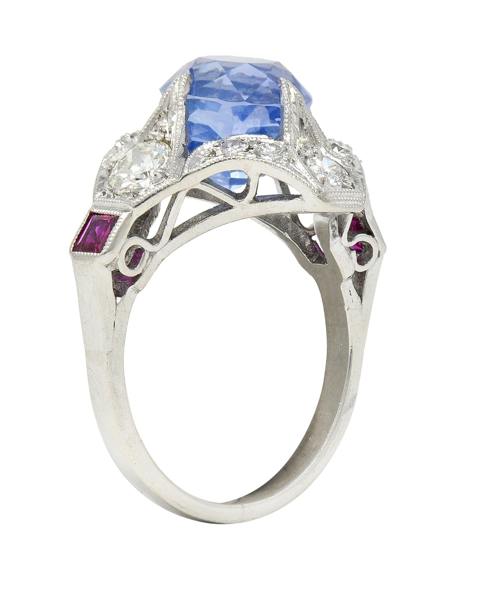 Art Deco 7.92 CTW No Heat Ceylon Sapphire Diamond Ruby Platinum Vintage Ring GIA