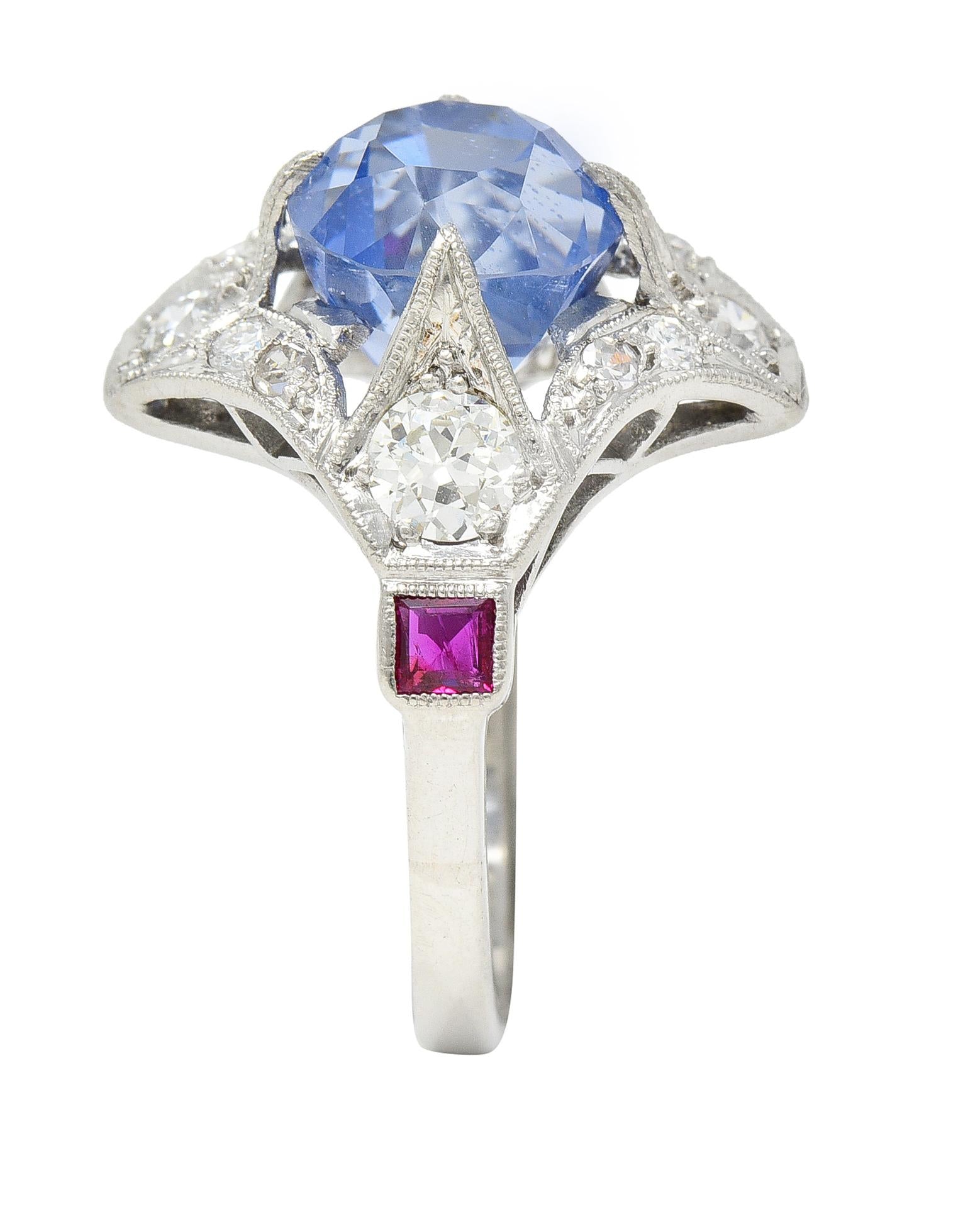 Art Deco 7.92 CTW No Heat Ceylon Sapphire Diamond Ruby Platinum Vintage Ring GIA