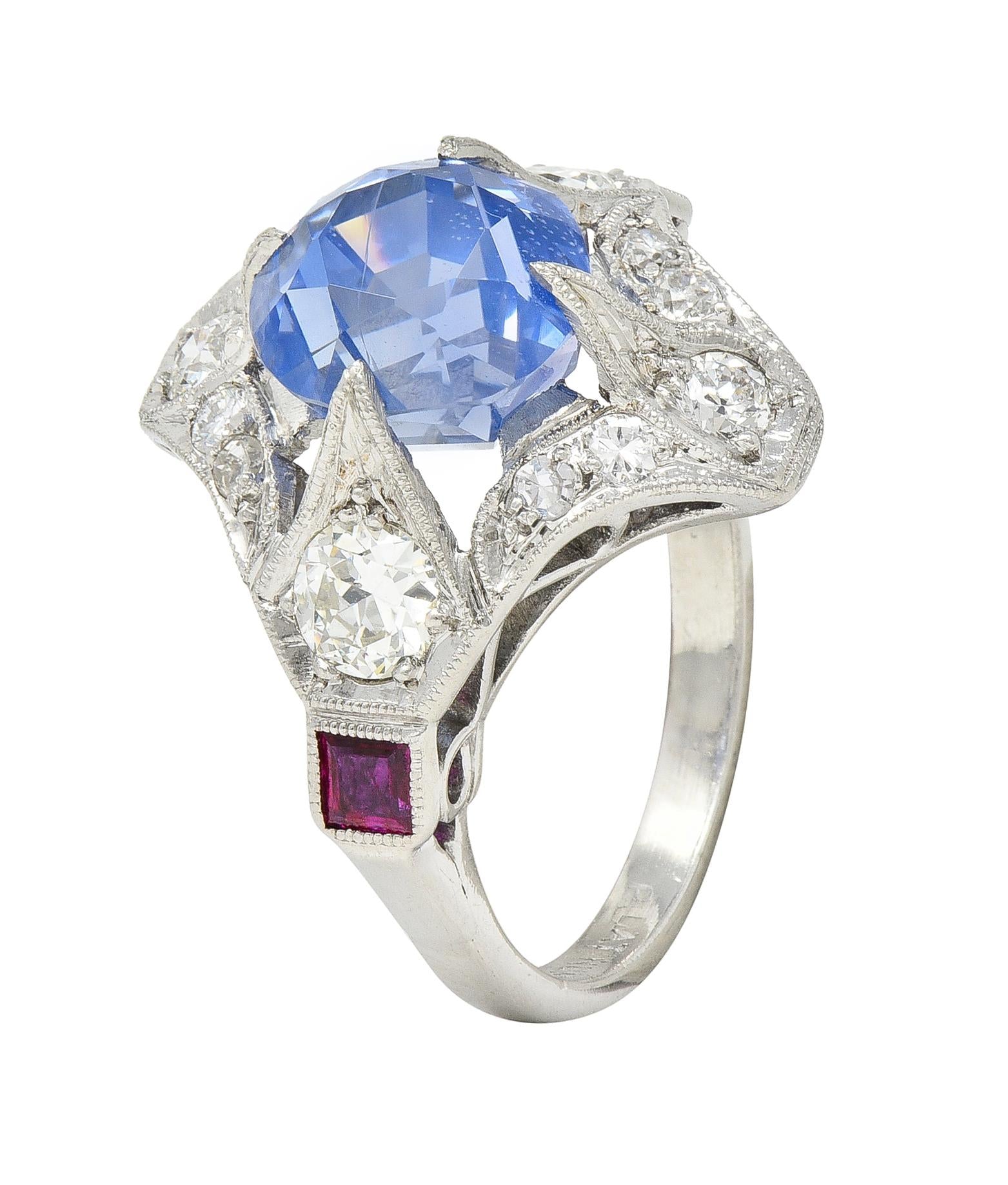 Art Deco 7.92 CTW No Heat Ceylon Sapphire Diamond Ruby Platinum Vintage Ring GIA