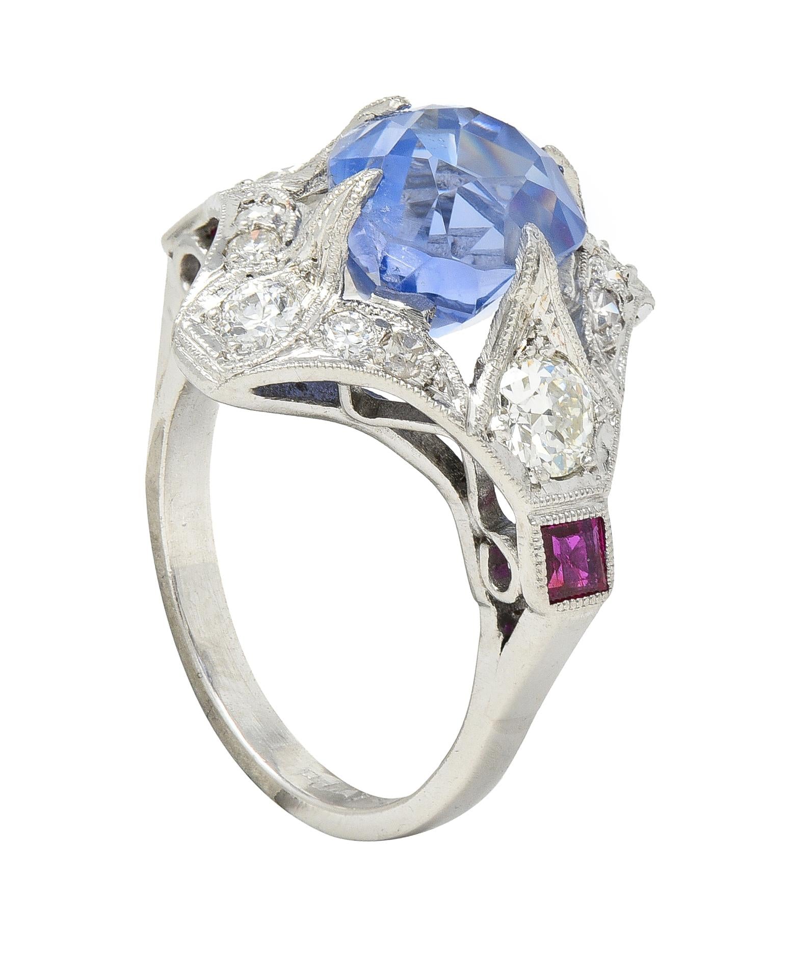 Art Deco 7.92 CTW No Heat Ceylon Sapphire Diamond Ruby Platinum Vintage Ring GIA