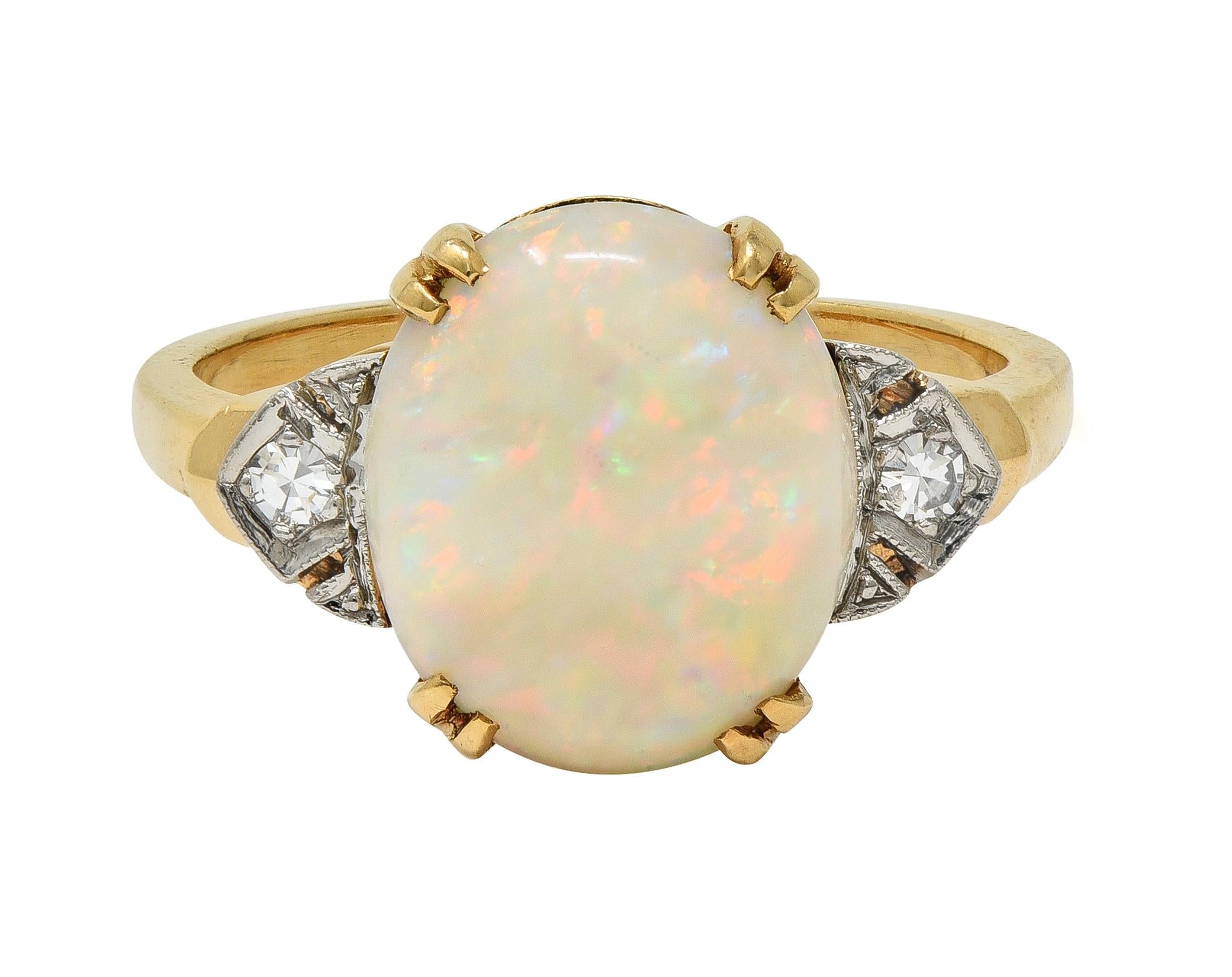 Helm & Hahn Co. Art Deco Opal Diamond 14 Karat Gold Three Stone Vintage Ring