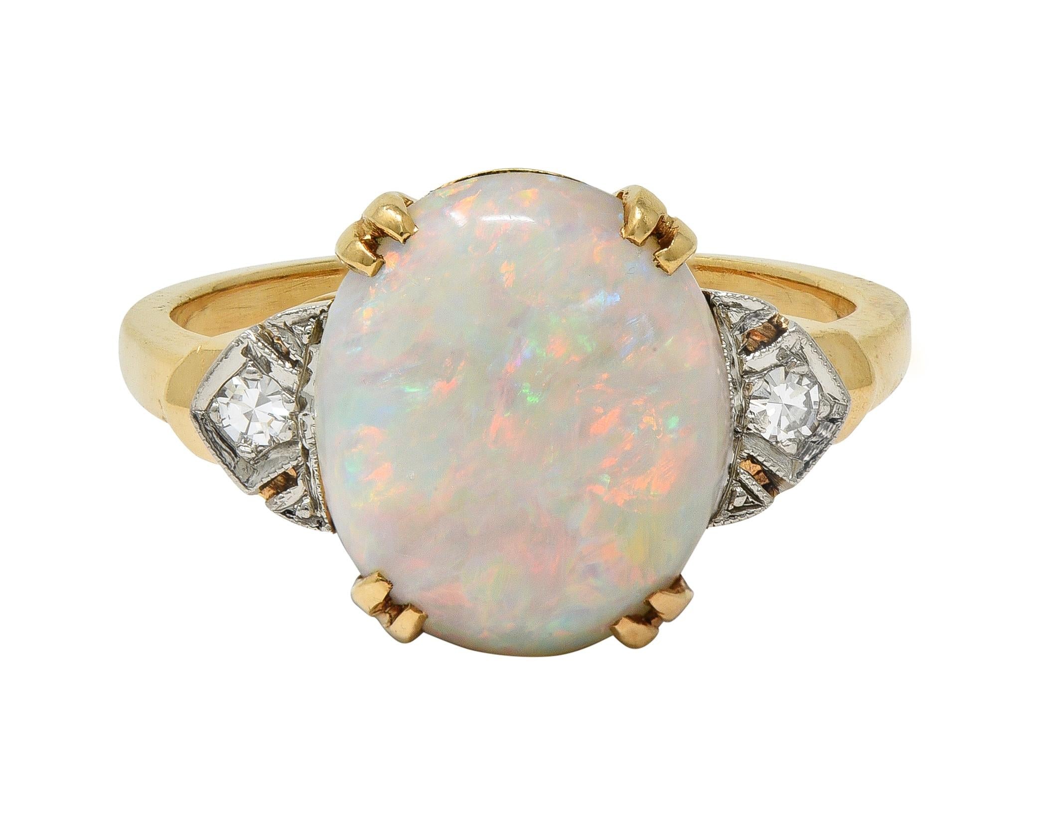 Helm & Hahn Co. Art Deco Opal Diamond 14 Karat Gold Three Stone Vintage Ring