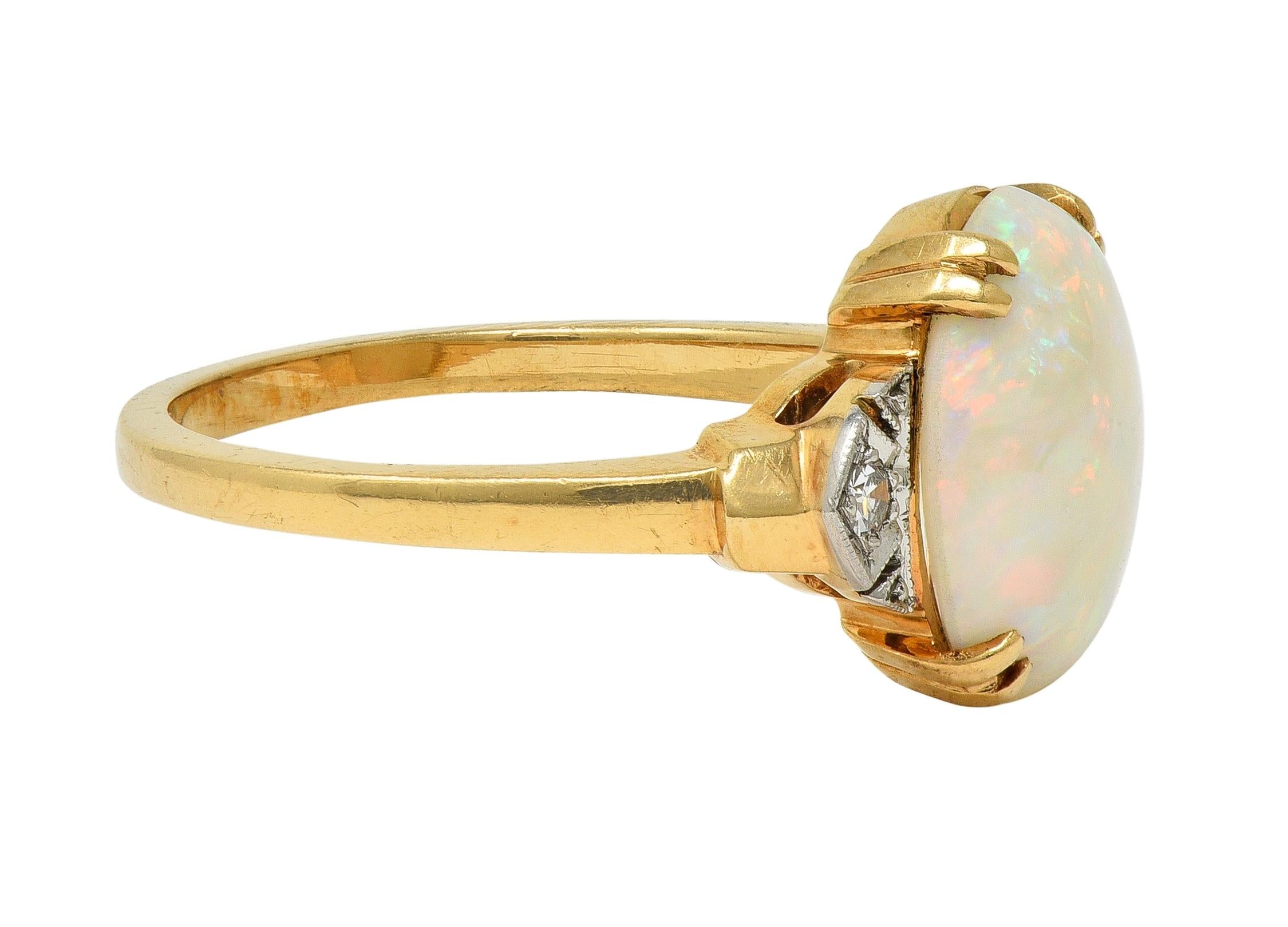 Helm & Hahn Co. Art Deco Opal Diamond 14 Karat Gold Three Stone Vintage Ring