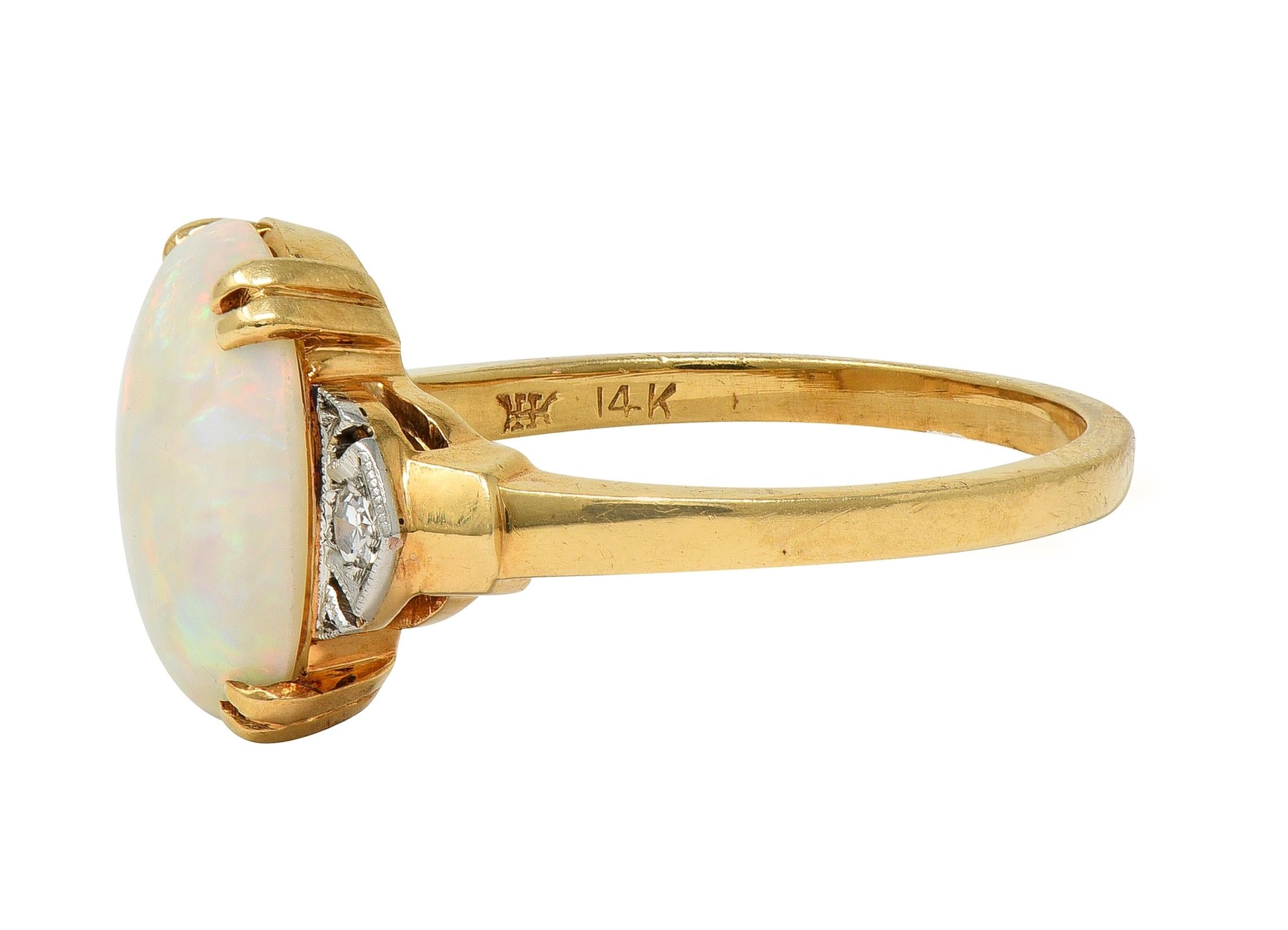 Helm & Hahn Co. Art Deco Opal Diamond 14 Karat Gold Three Stone Vintage Ring