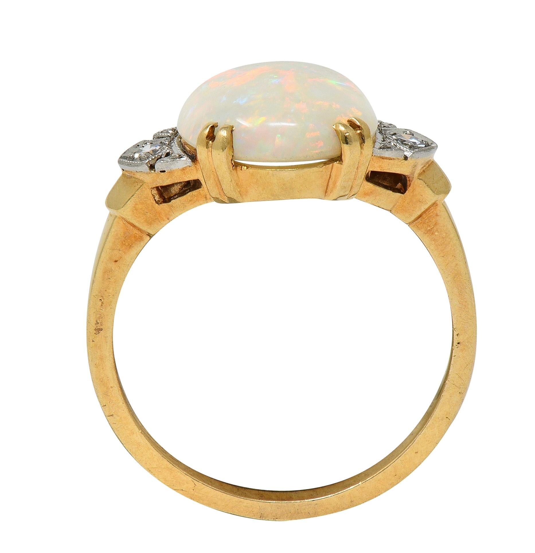 Helm & Hahn Co. Art Deco Opal Diamond 14 Karat Gold Three Stone Vintage Ring