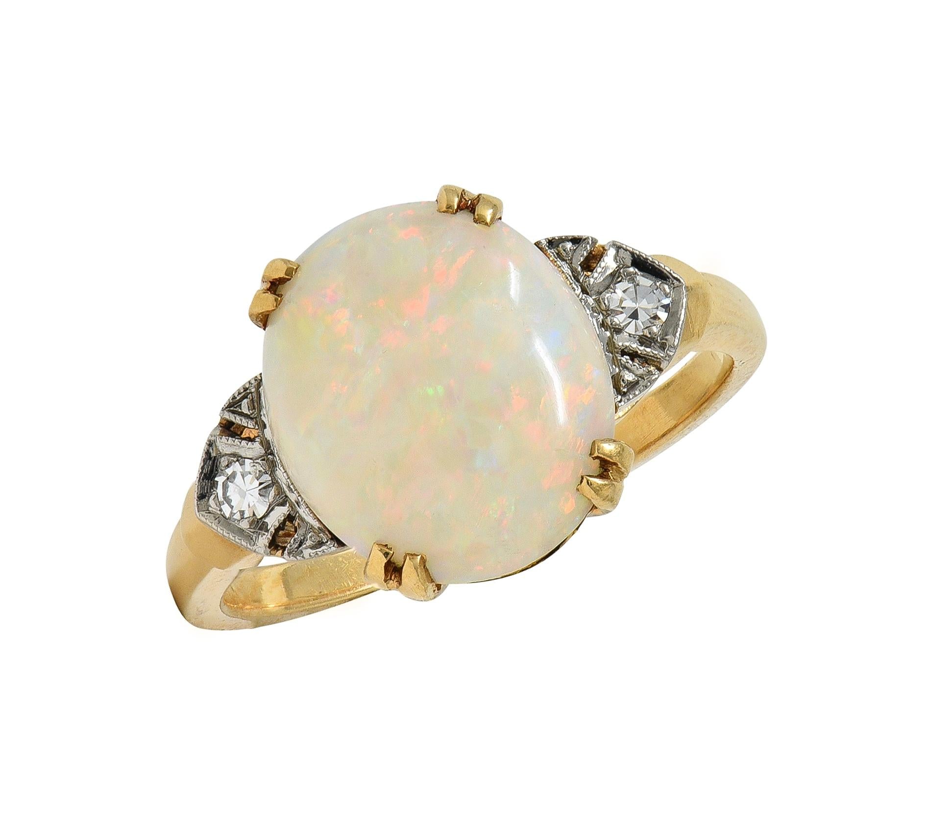 Helm & Hahn Co. Art Deco Opal Diamond 14 Karat Gold Three Stone Vintage Ring