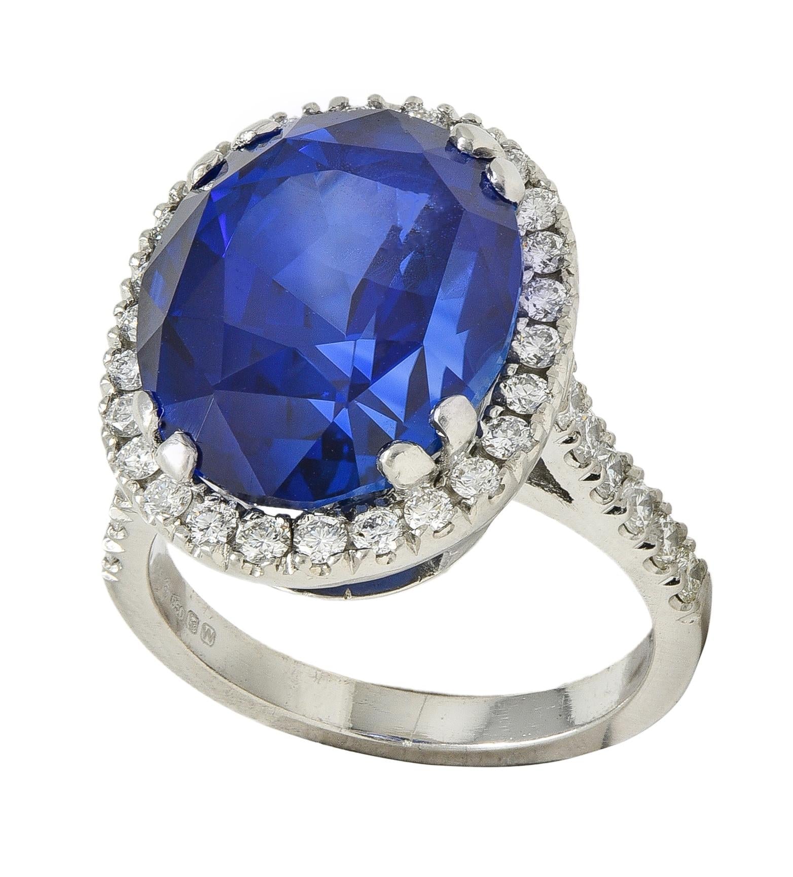 15.69 CTW No Heat Ceylon Blue Sapphire Diamond Platinum Vintage Halo Ring AGL