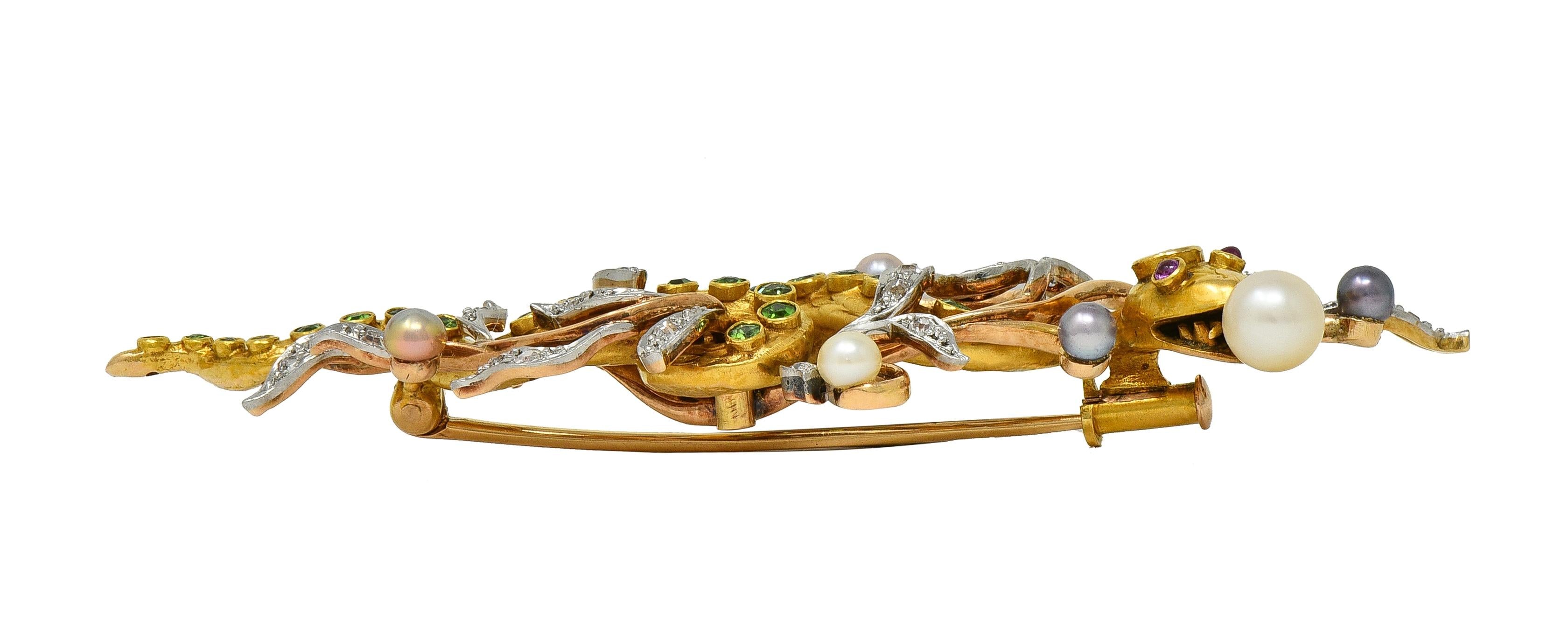 Edwardian Diamond Demantoid Pearl Platinum 14K Gold Antique Snake Brooch