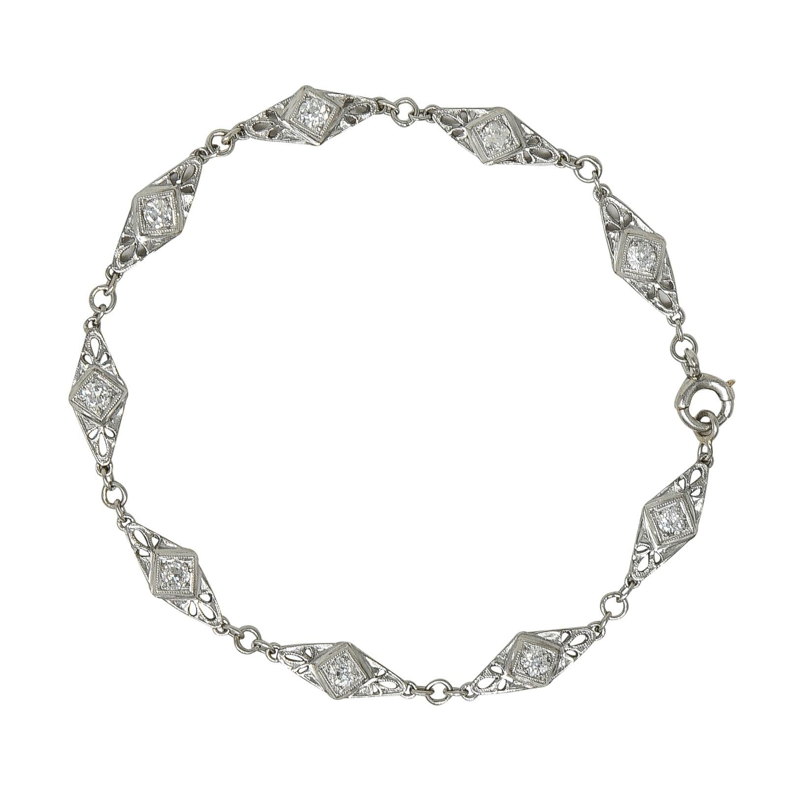 Art Deco Old Mine Cut Diamond Platinum Vintage Fancy Link Line Bracelet