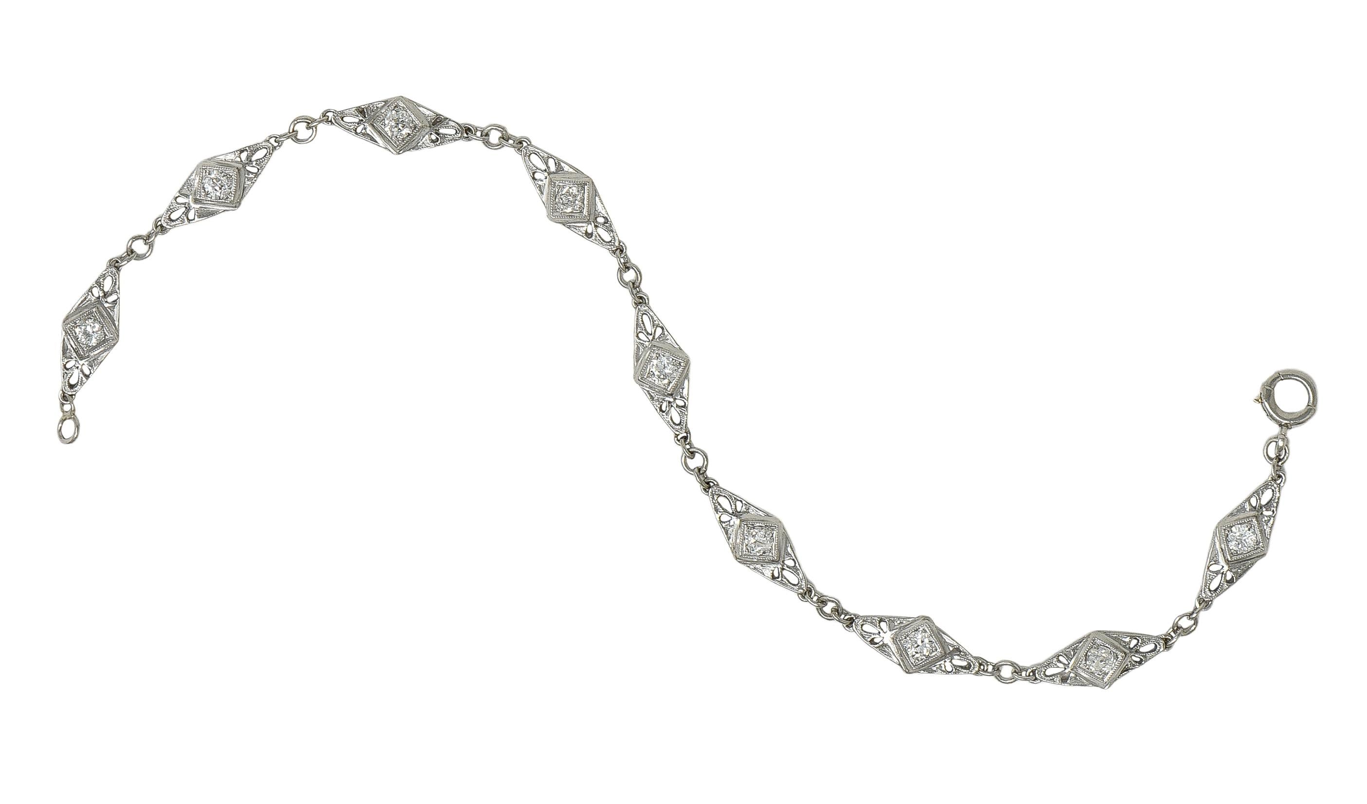 Art Deco Old Mine Cut Diamond Platinum Vintage Fancy Link Line Bracelet