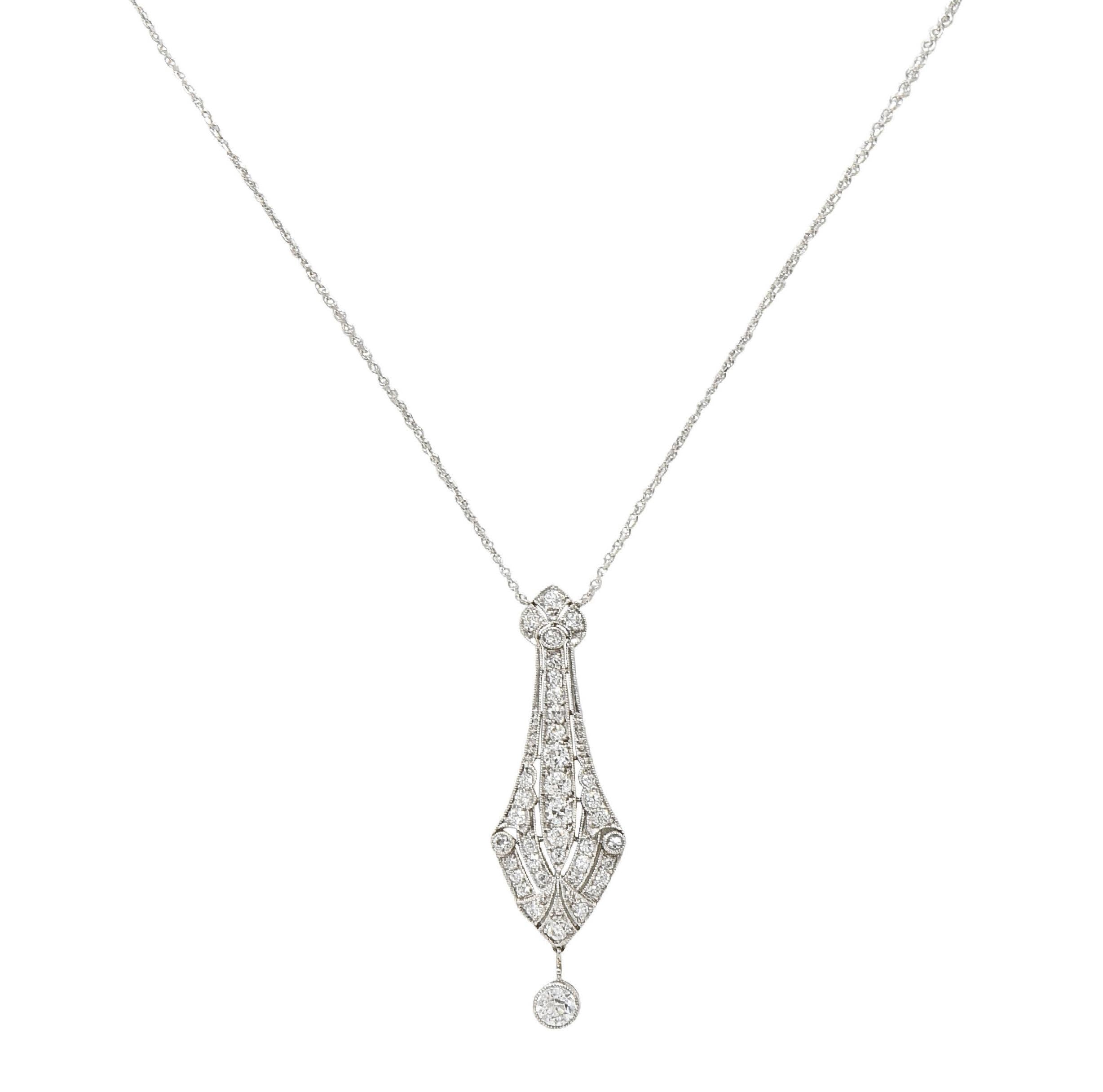Art Deco Diamond Platinum 14 Karat Gold Pendant Vintage Drop Necklace