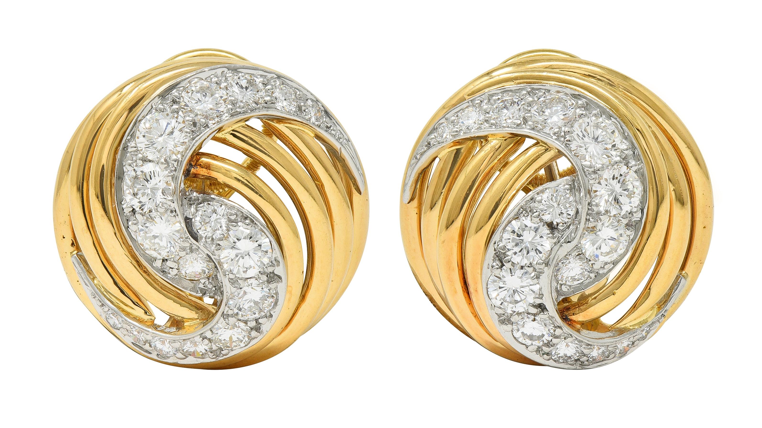 1960's 3.00 CTW Diamond Platinum 18K Gold Domed Swirl Vintage Ear-Clip Earrings