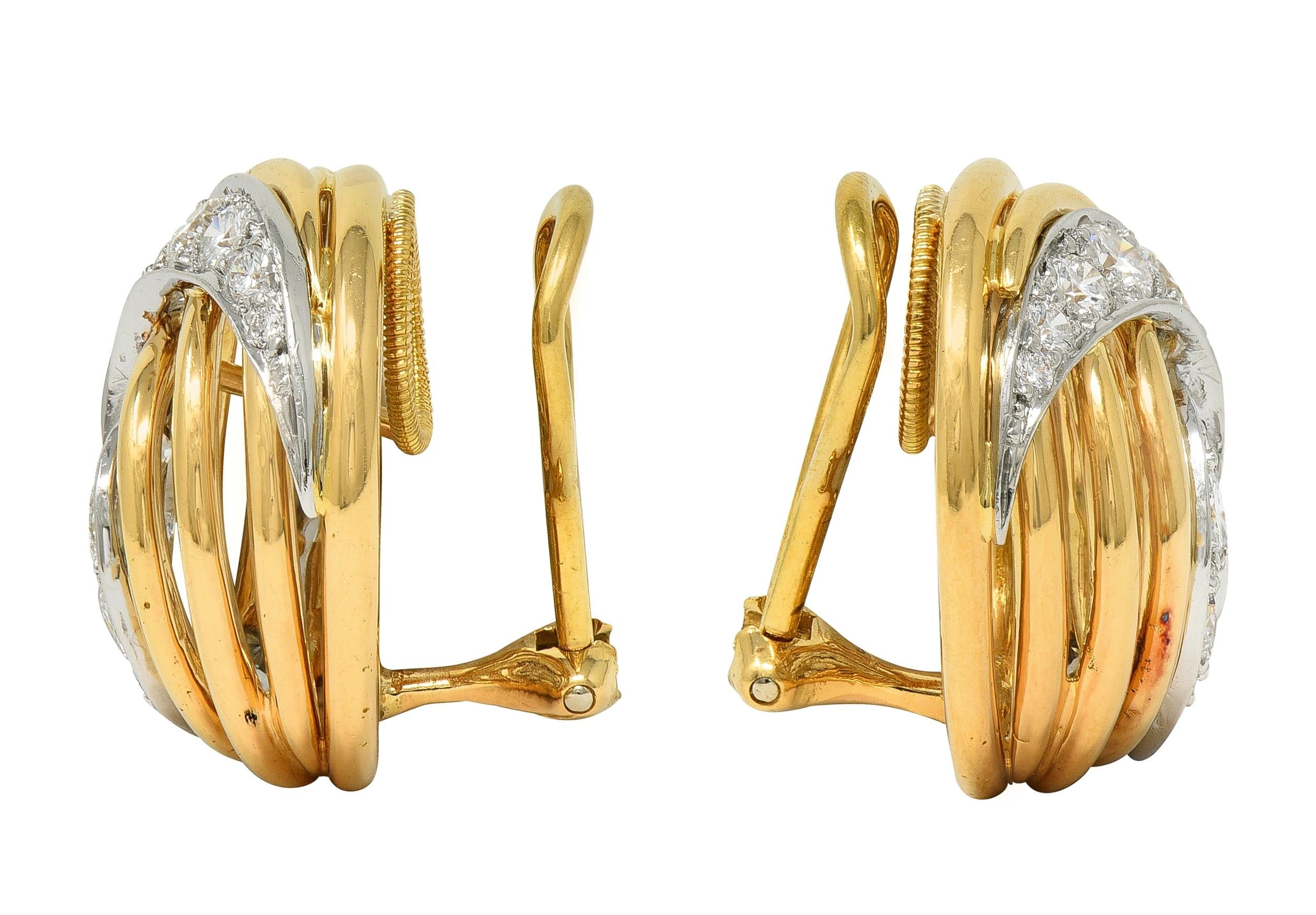 1960's 3.00 CTW Diamond Platinum 18K Gold Domed Swirl Vintage Ear-Clip Earrings