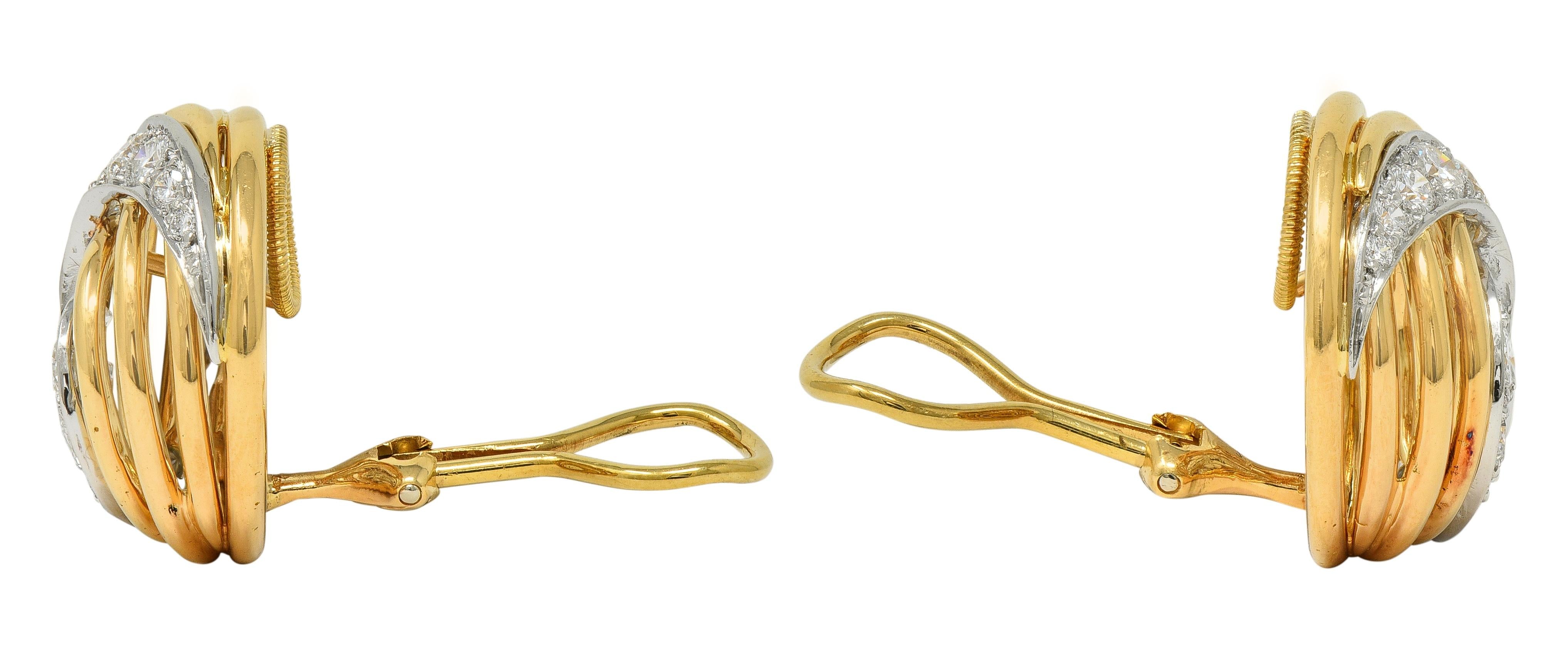 1960's 3.00 CTW Diamond Platinum 18K Gold Domed Swirl Vintage Ear-Clip Earrings