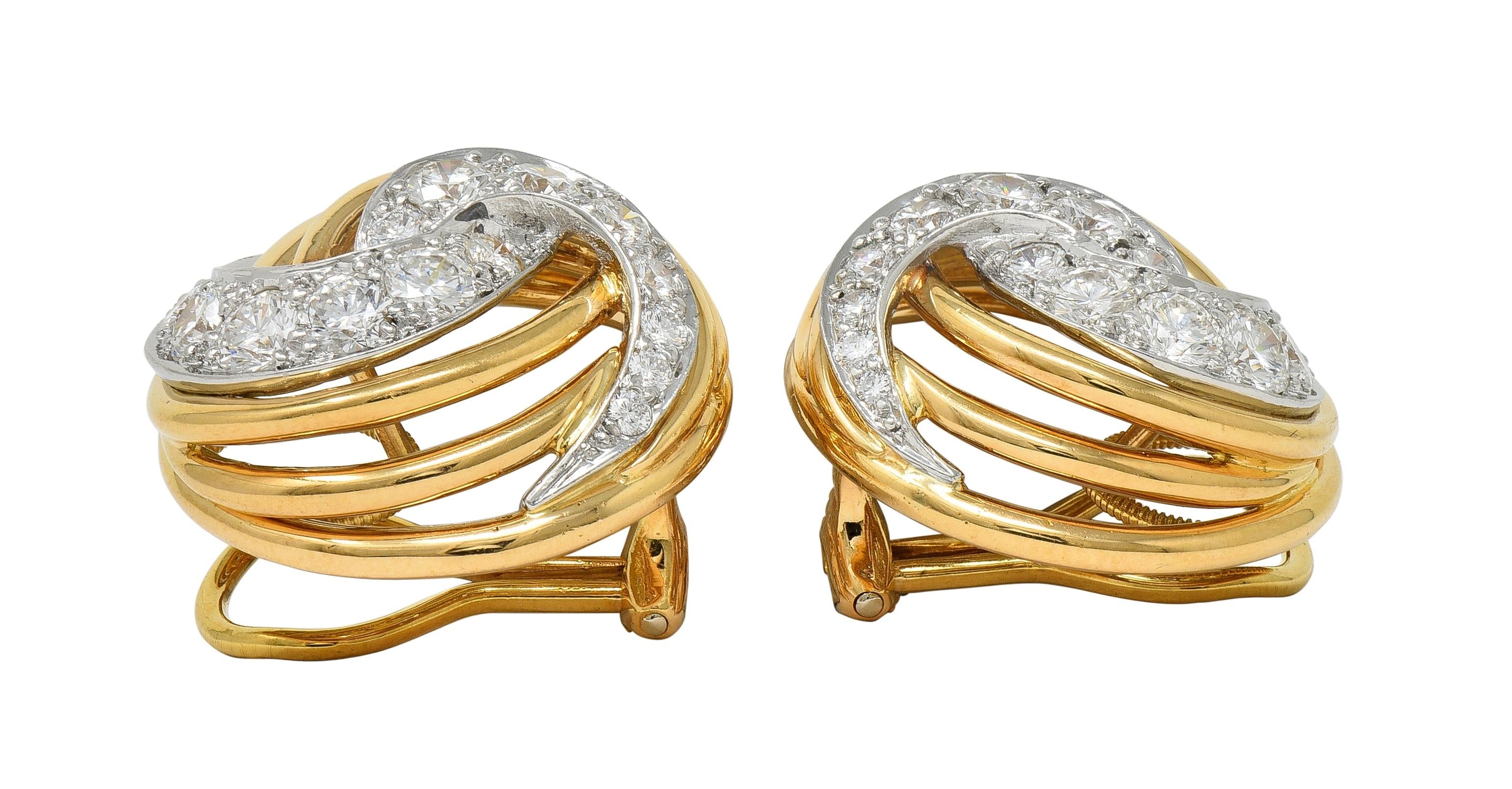 1960's 3.00 CTW Diamond Platinum 18K Gold Domed Swirl Vintage Ear-Clip Earrings